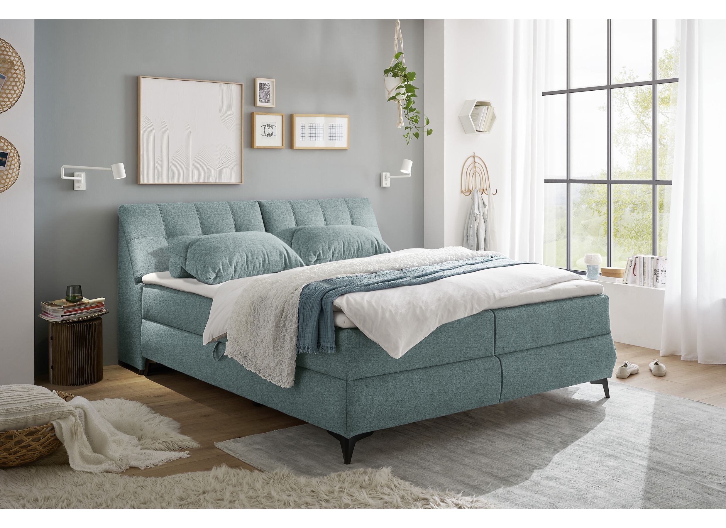 Foto ambiance - Lit box Atlantis 160x200cm avec rangement tissu menthe