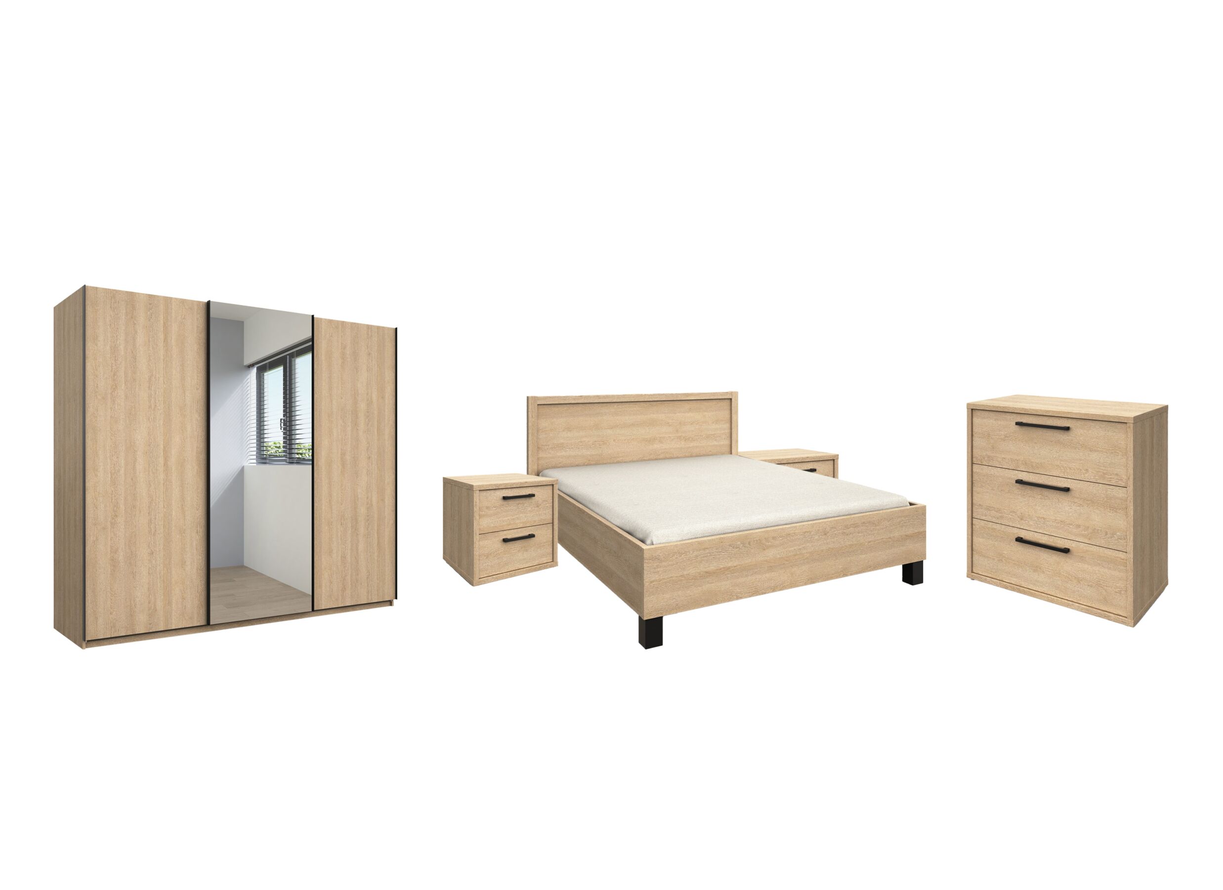 Slaapkamer Tessa met bed 140x200cm - kleerkast 250cm - commode 90cm en 2 nachtkastjes - Chambre à coucher Tessa avec lit 140x200cm - armoire 250cm - commode 90cm et 2 tables de nuit