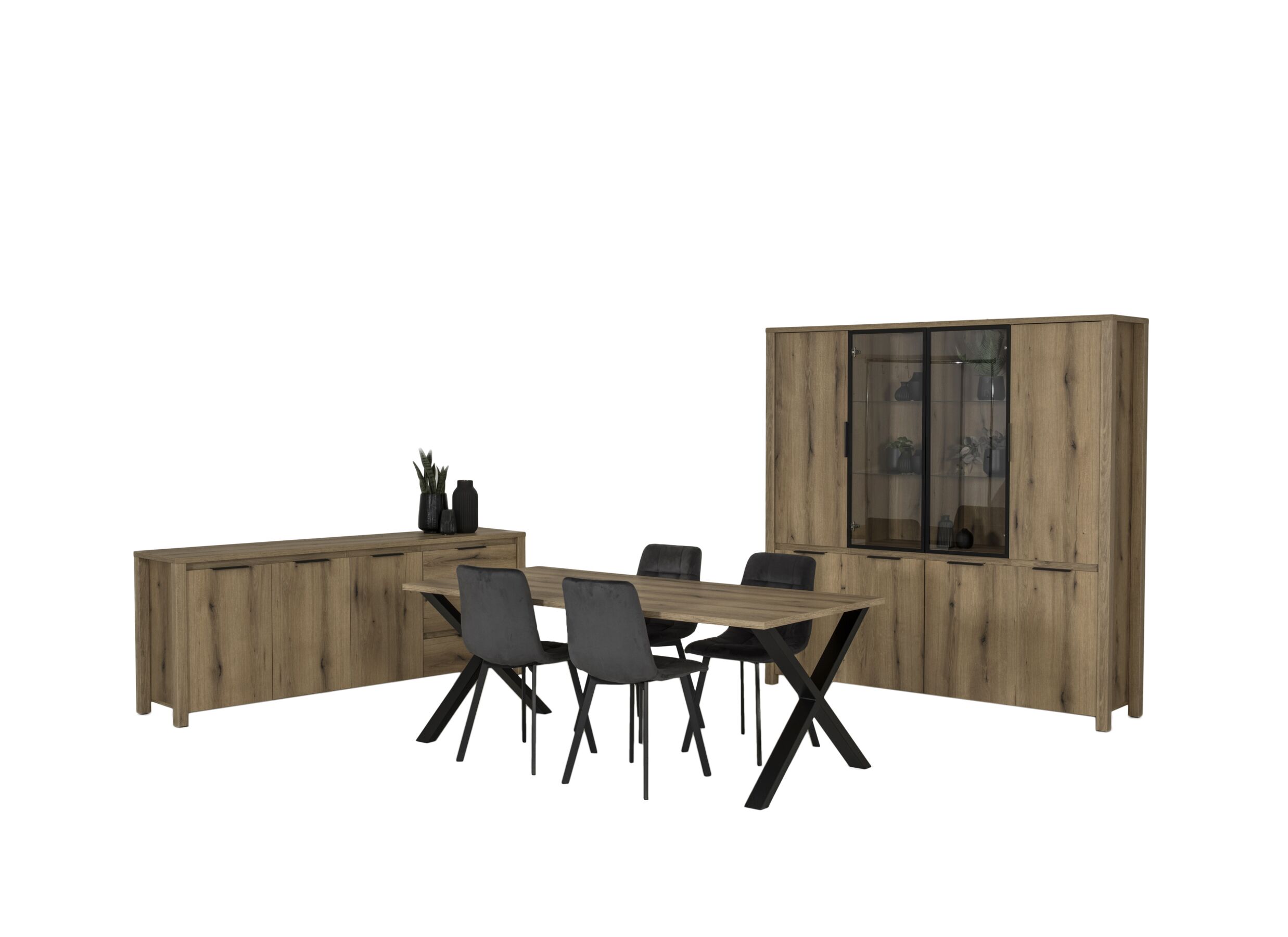 Plus Important - Salle à manger Bordo avec 4 chaises Runner - table 200x95cm - dressoir 217cm - meuble bar 197cm