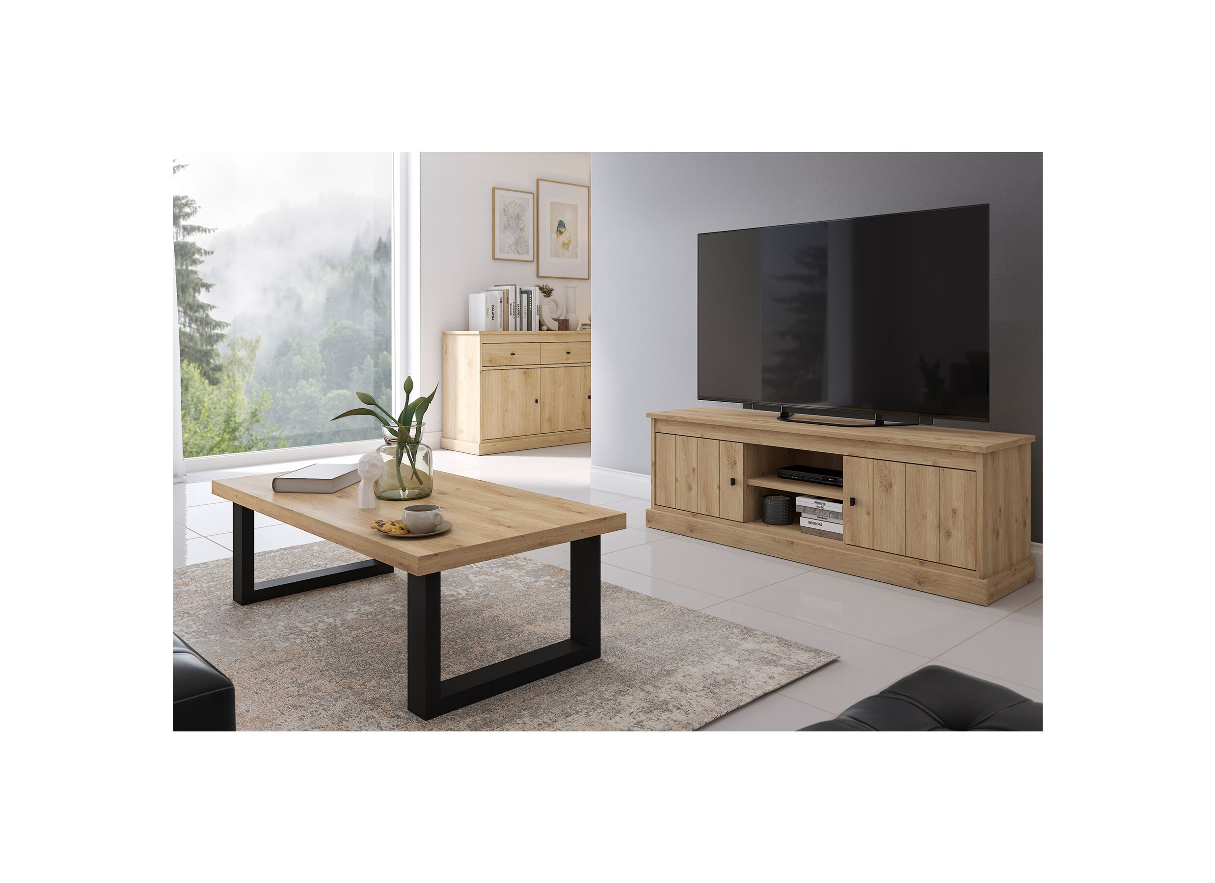 Meuble TV Valencia 155cm - melamine - chêne clair