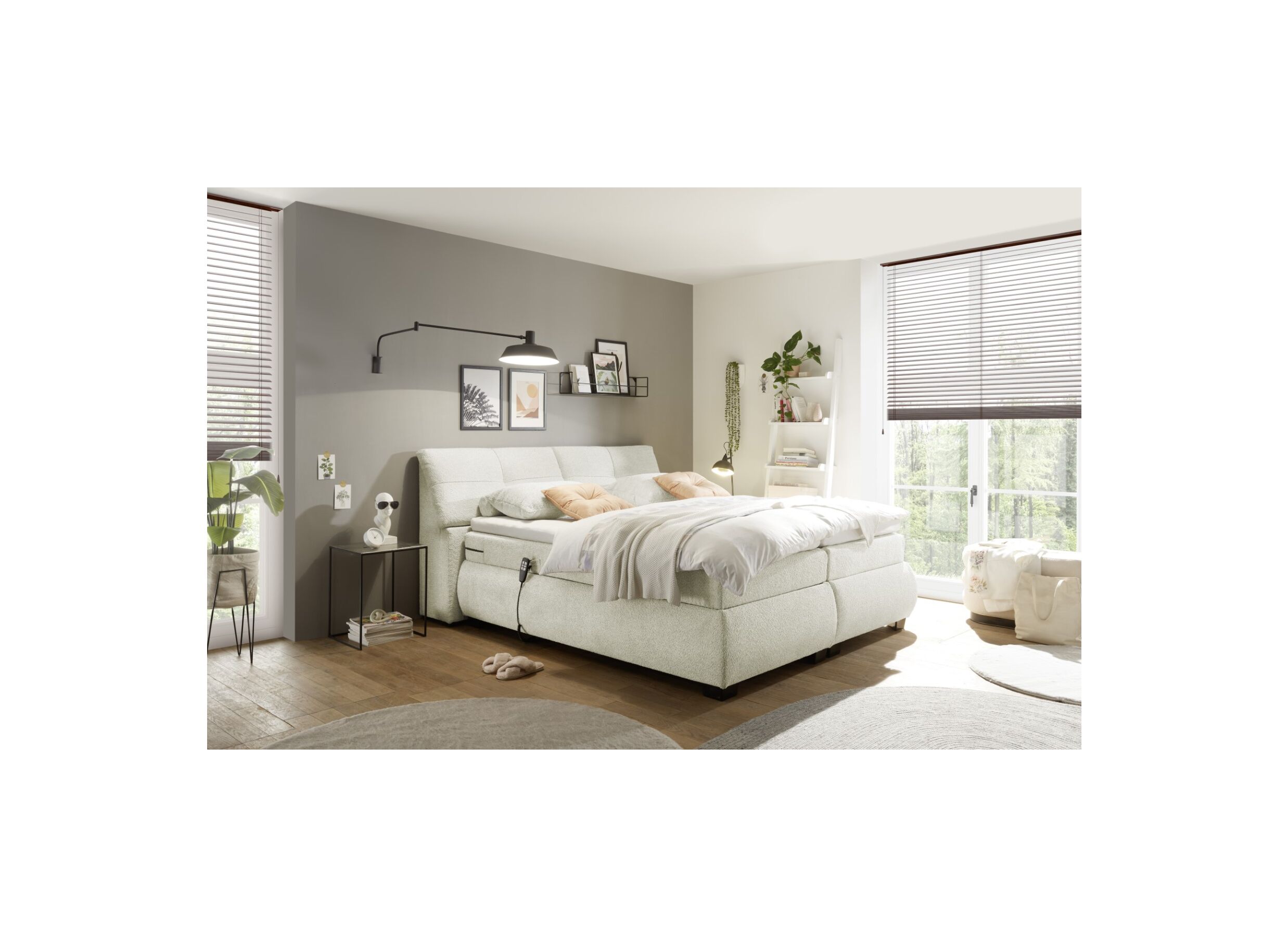 Foto ambiance - Boxspring Reynosa Gel 180x200cm avec rangement/électrique tissu ivoire