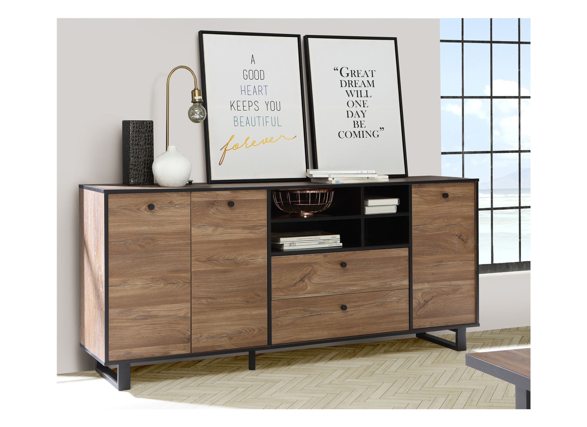 Buffet Sewill 181cm - panneau décor - chêne/noir