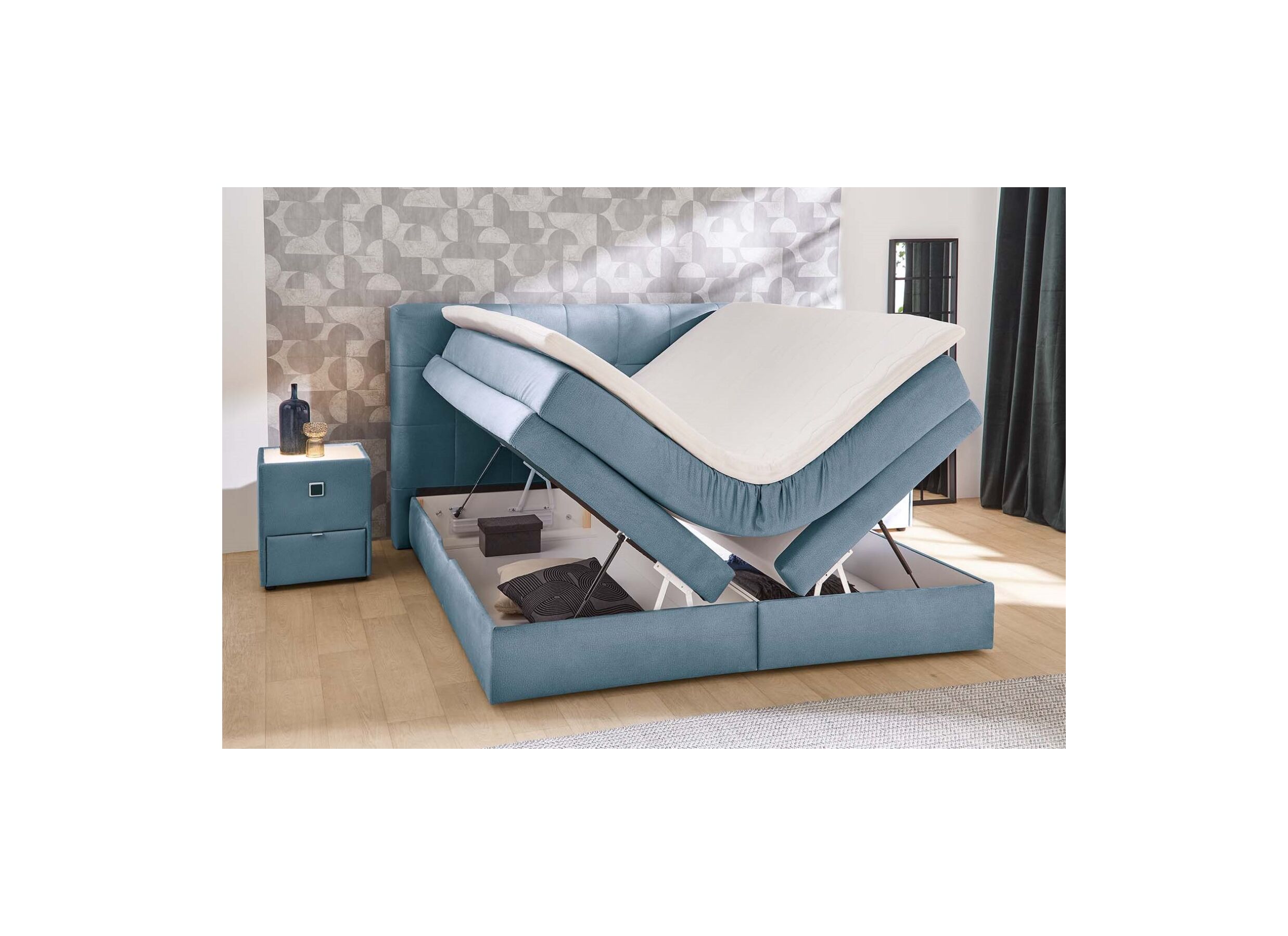 Foto ambiance - Boxspring Amy 180x200cm - tissu - bleu avec rangement