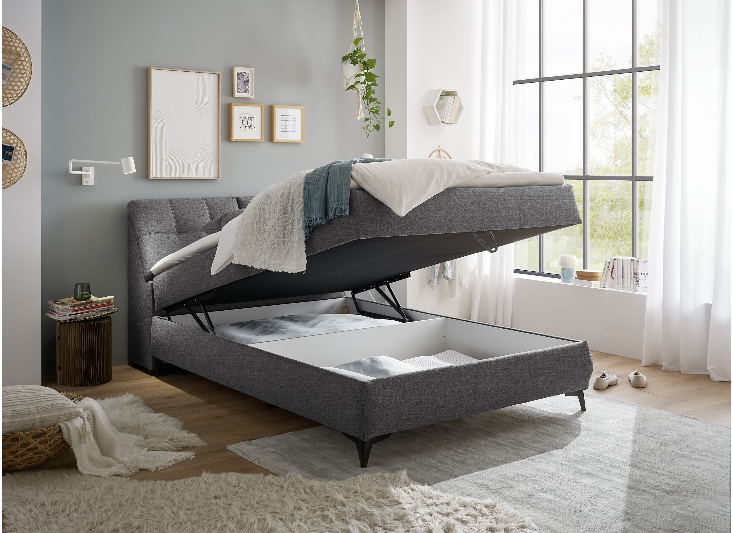 Foto ambiance - Lit box Atlantis 140x200cm avec rangement tissu anthracite