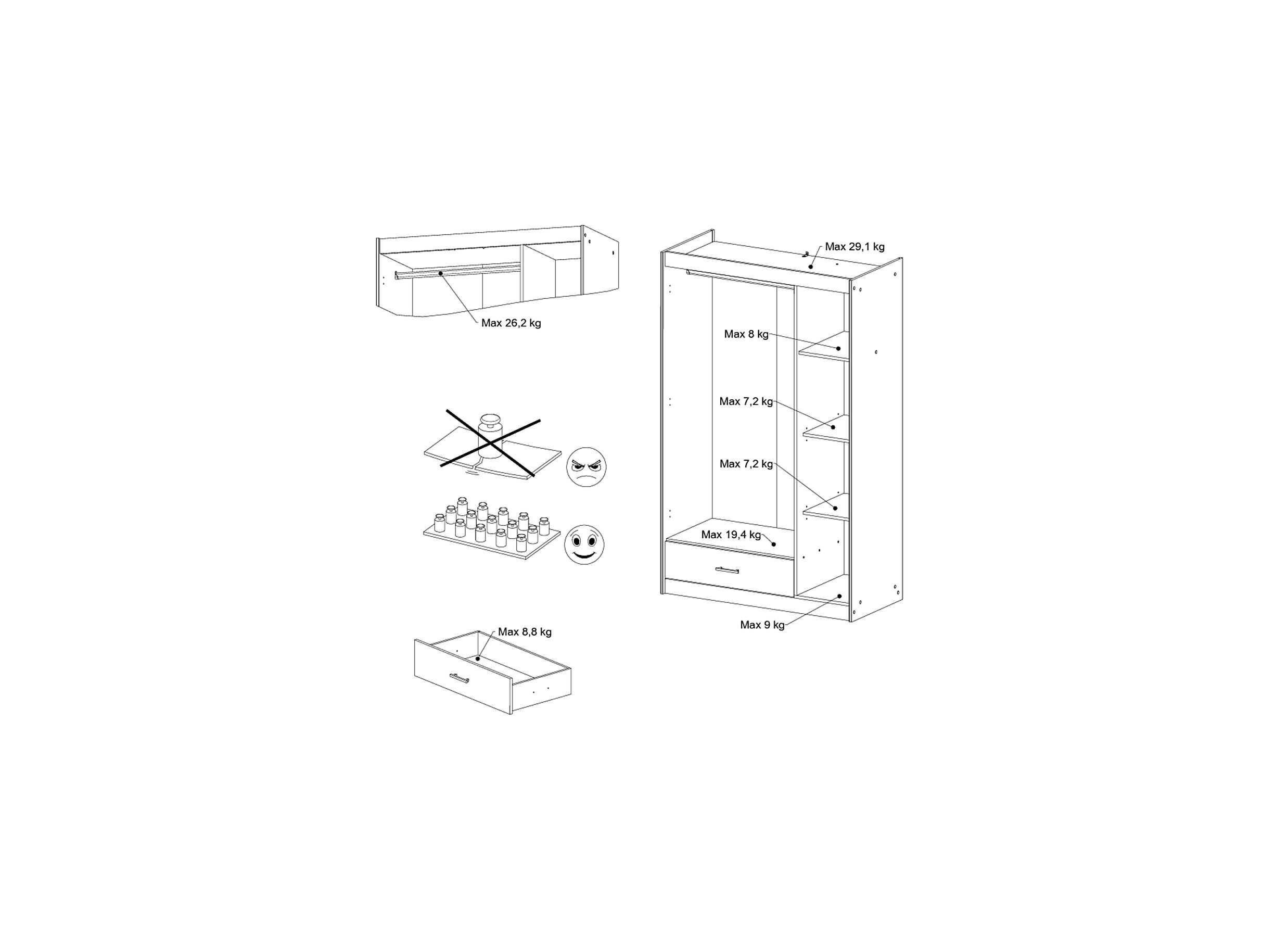 Dimensions - Garde-robe Charly 112cm - décor - acacia/blanc