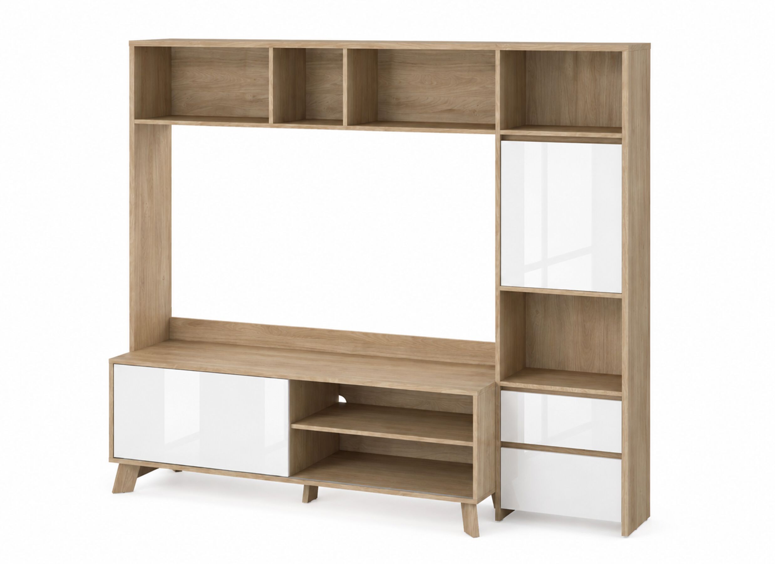 Aperçu - Meuble TV mural Next 209cm - mélamine - blanc brillant & jackson hickory