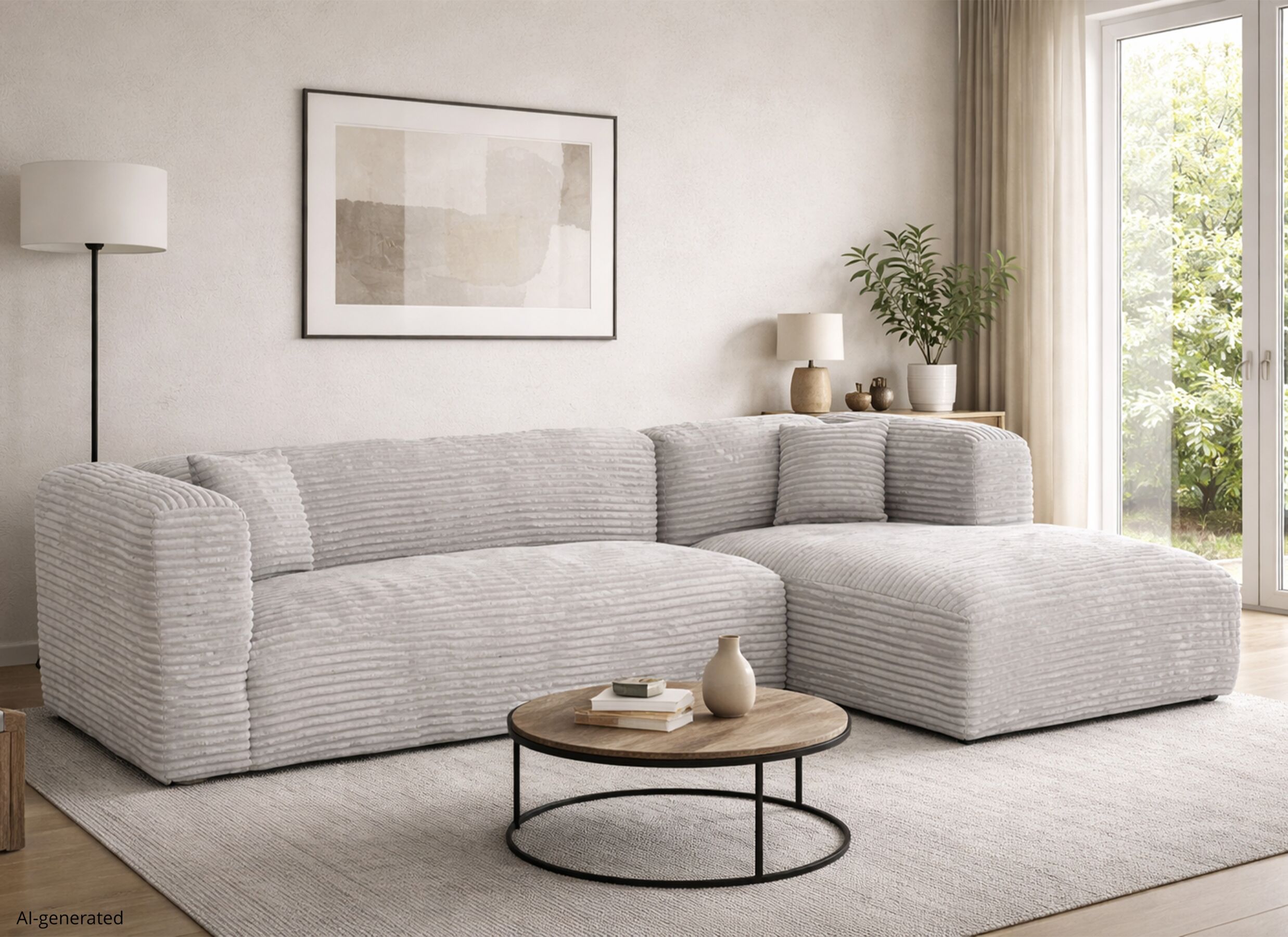 AI Generated - Canapé d'angle Nuoro HB 295x170cm - velours côtelé - blanc