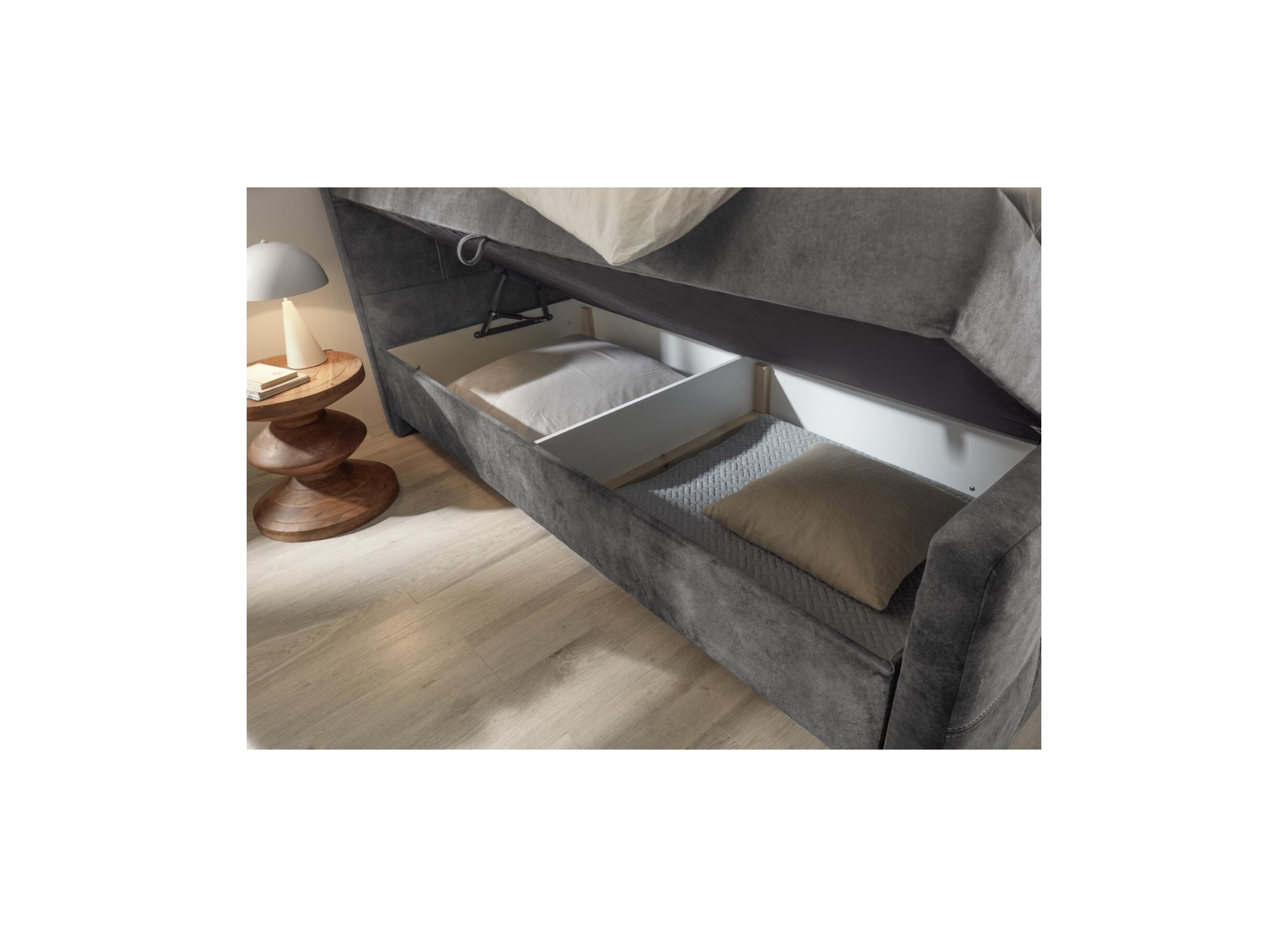 Foto ambiance - Lit box Valetta 160x200cm avec rangement tissu anthracite