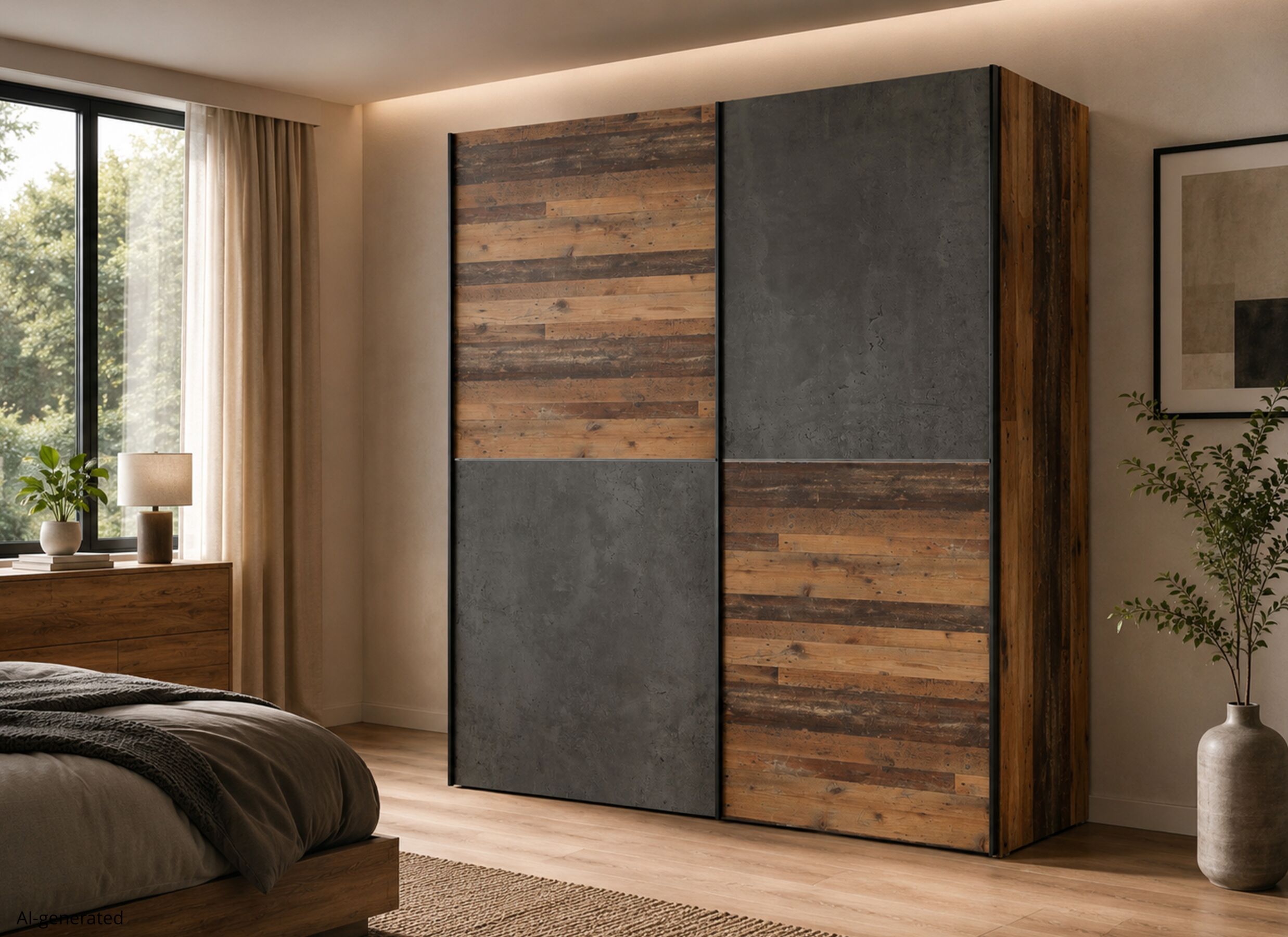 AI Generated - Armoire à portes coulissantes Dederik 170cm - décor - oldwood vintage & gris foncé