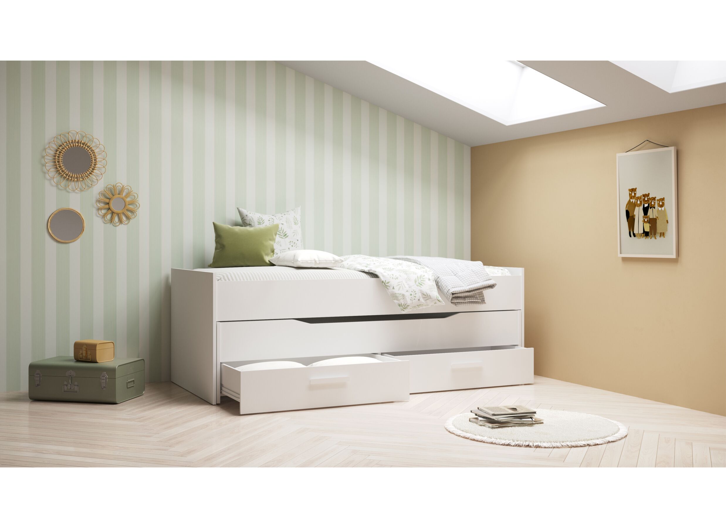 Sfeerfoto - Eenpersoonsbed met bedlade en opbergruimte Twist 90x200cm - decor - wit
