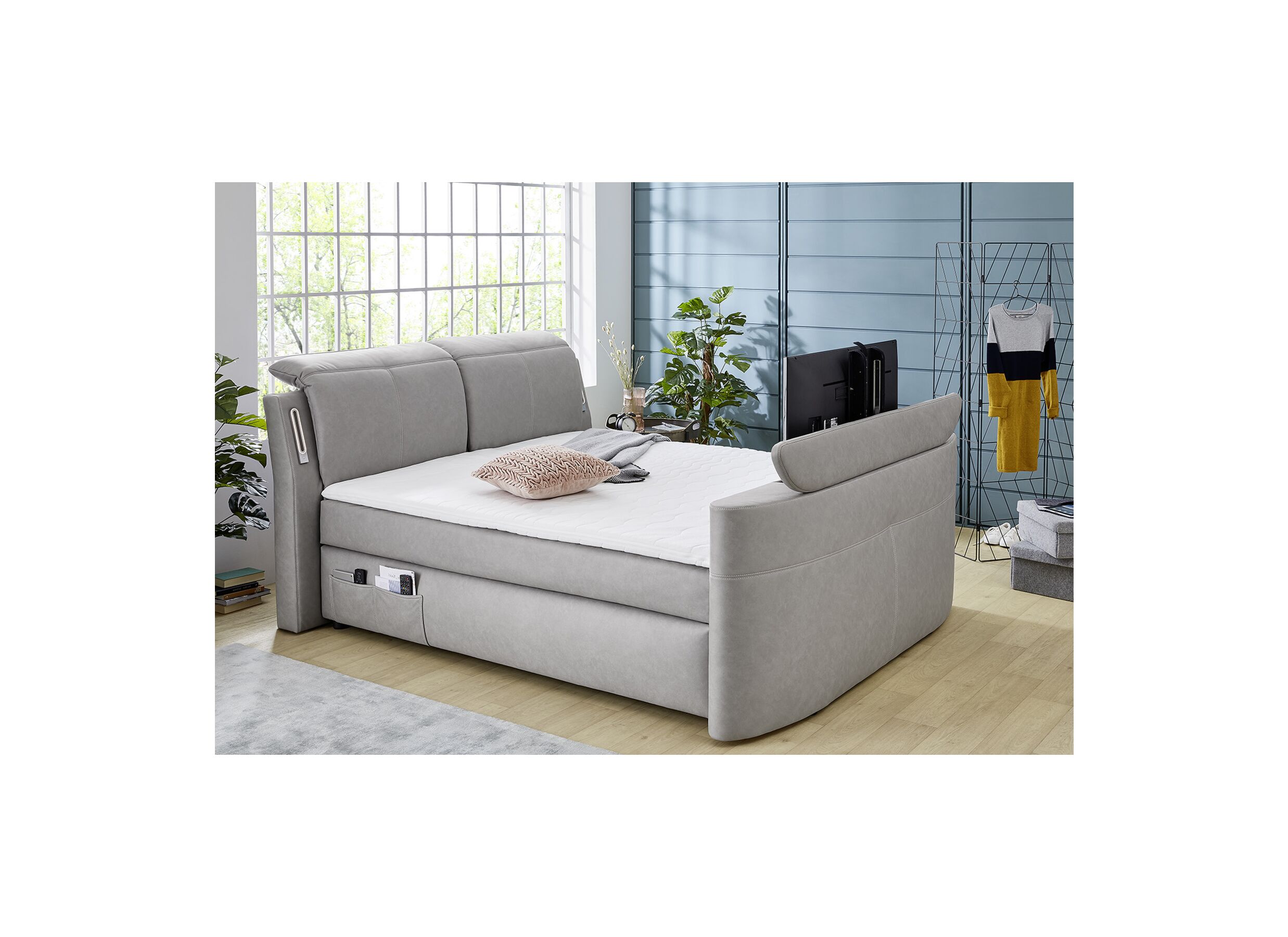 Sfeerfoto - Boxspring Moviestar Max 180x200cm - stof - lichtgrijs met tv-lift