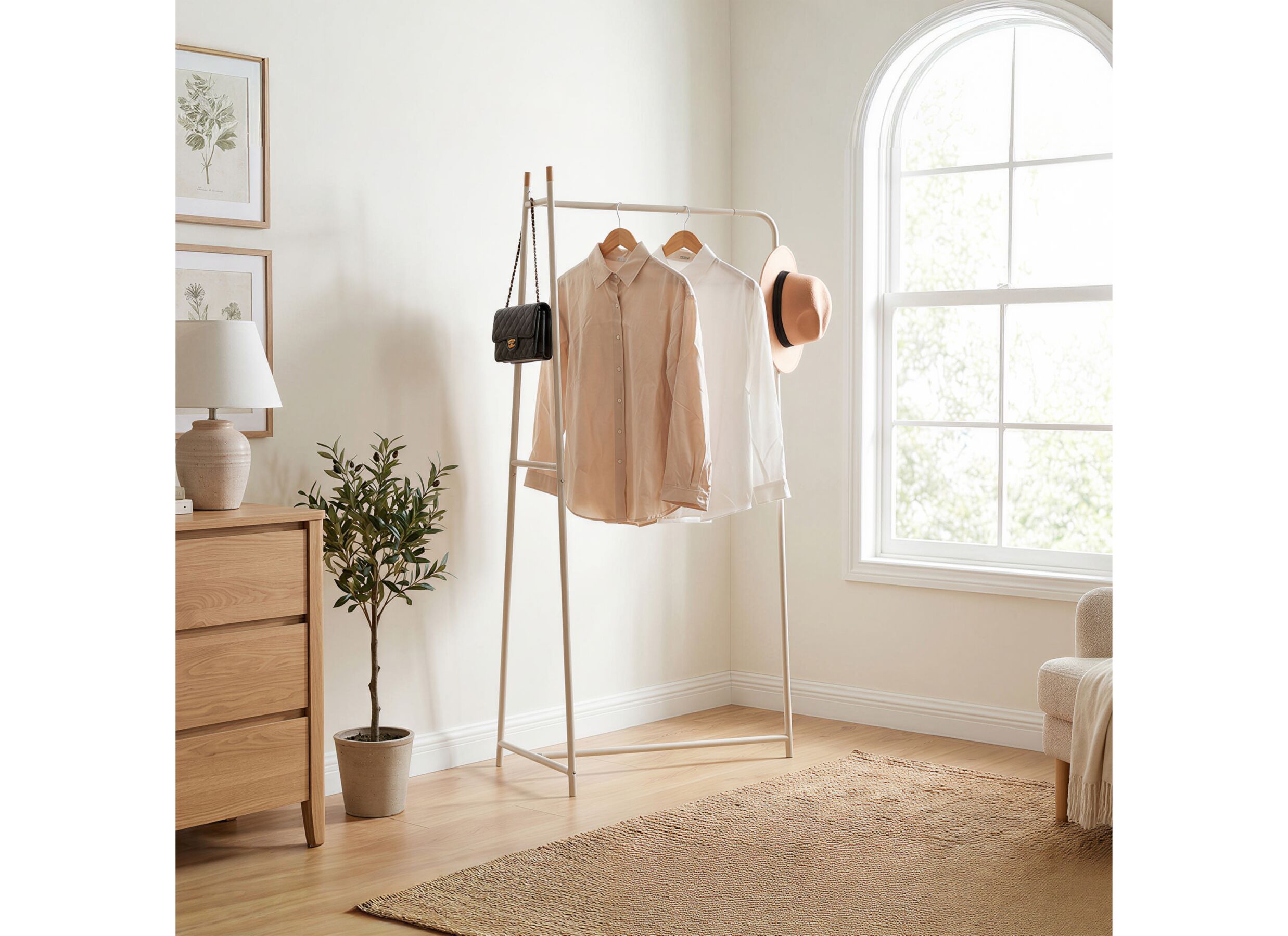 Sfeerfoto - Kledingrek Outfit 72x40x160cm - metaal & hout - beige