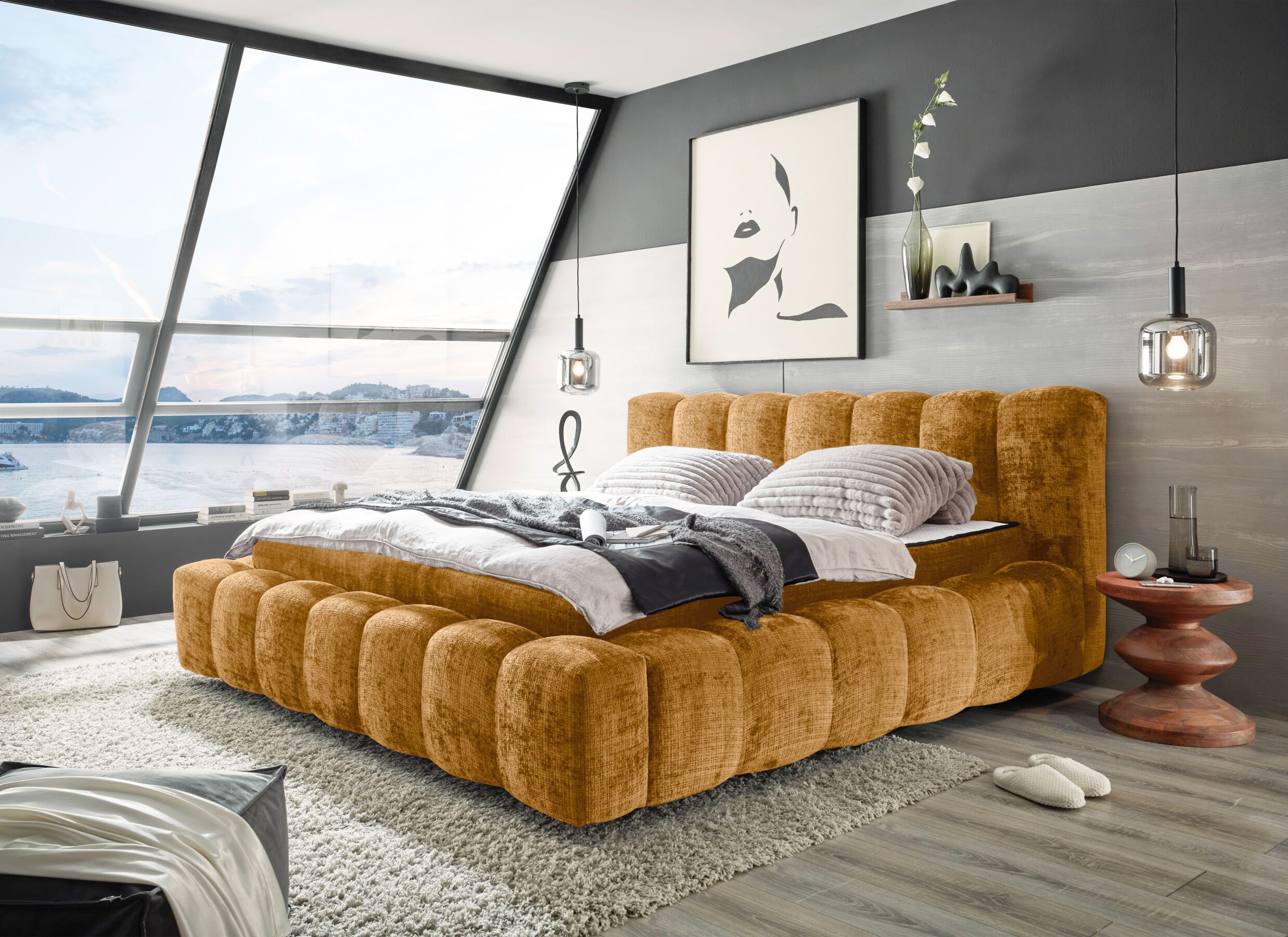 Foto ambiance - Lit capitonné Bexley 180x200cm - tissu - doré avec sommier et matelas inclus