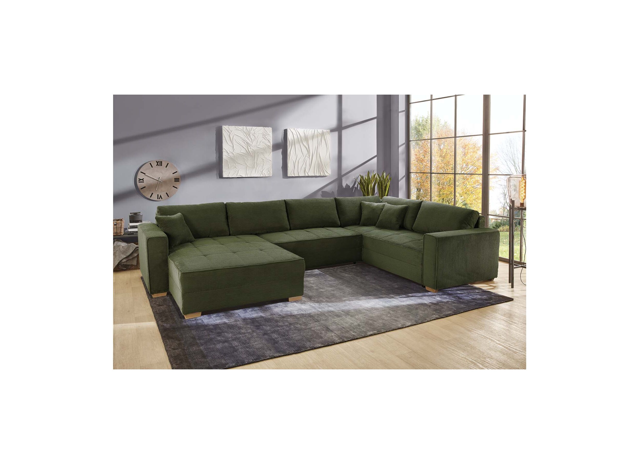 Hoeksalon Brixen 379x227cm - ribfluweel - groen met bedfunctie