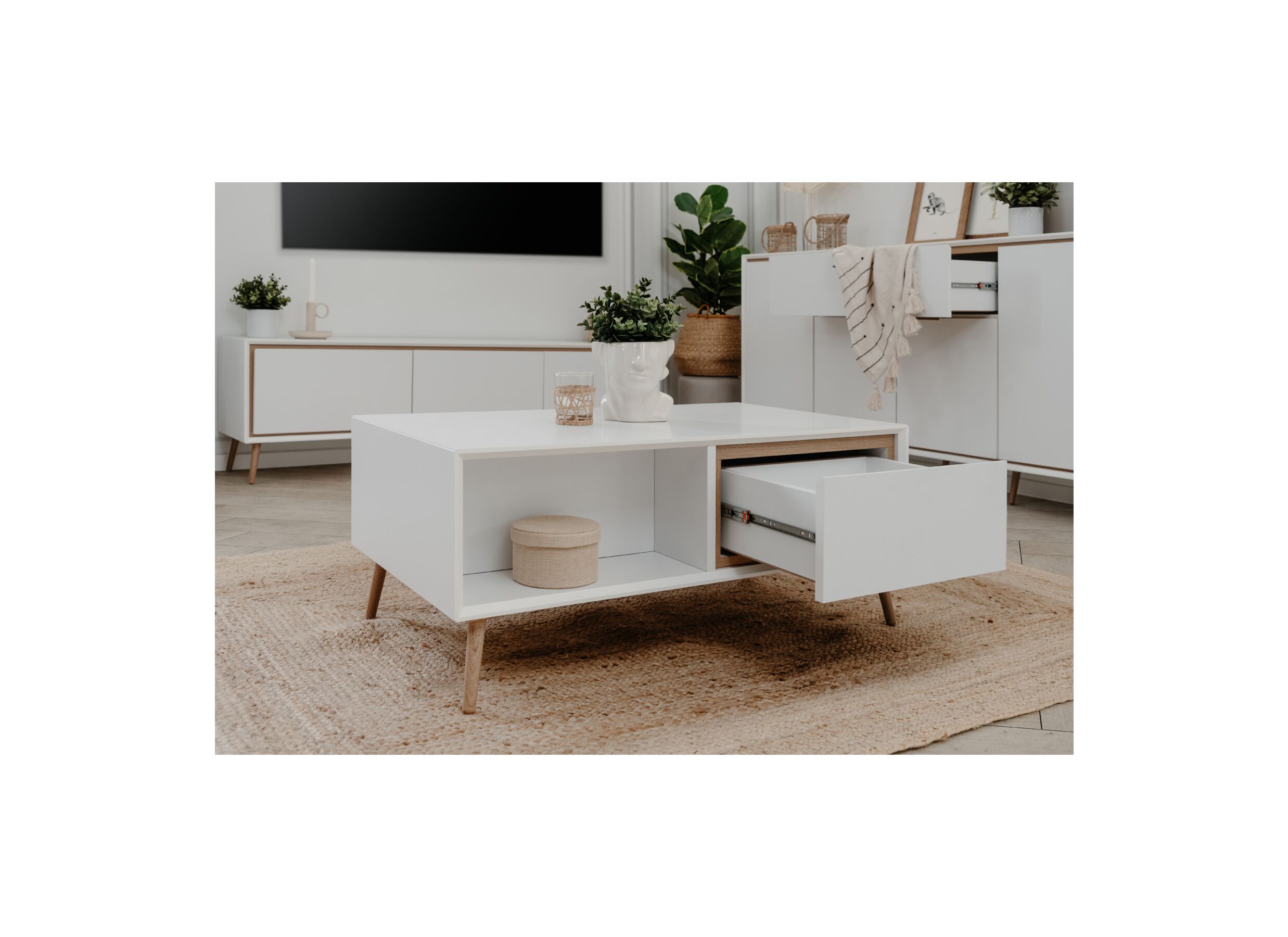 Foto ambiance - Table basse Arona 94x55cm avec rangement - mélamine - blanc
