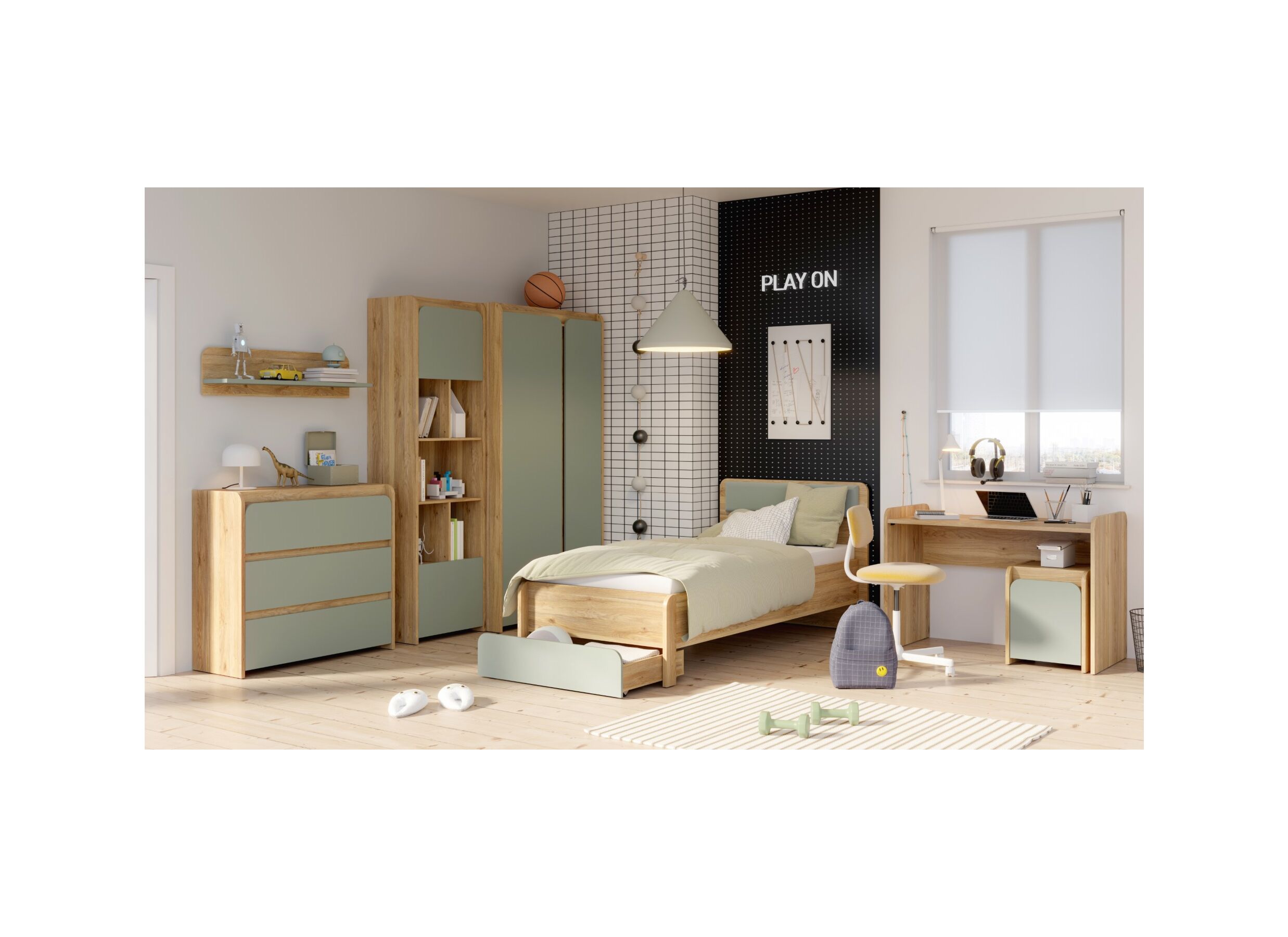 Photo ensemble - Table de chevet Hoa 42x41x53cm - décor - chêne mauvella/vert