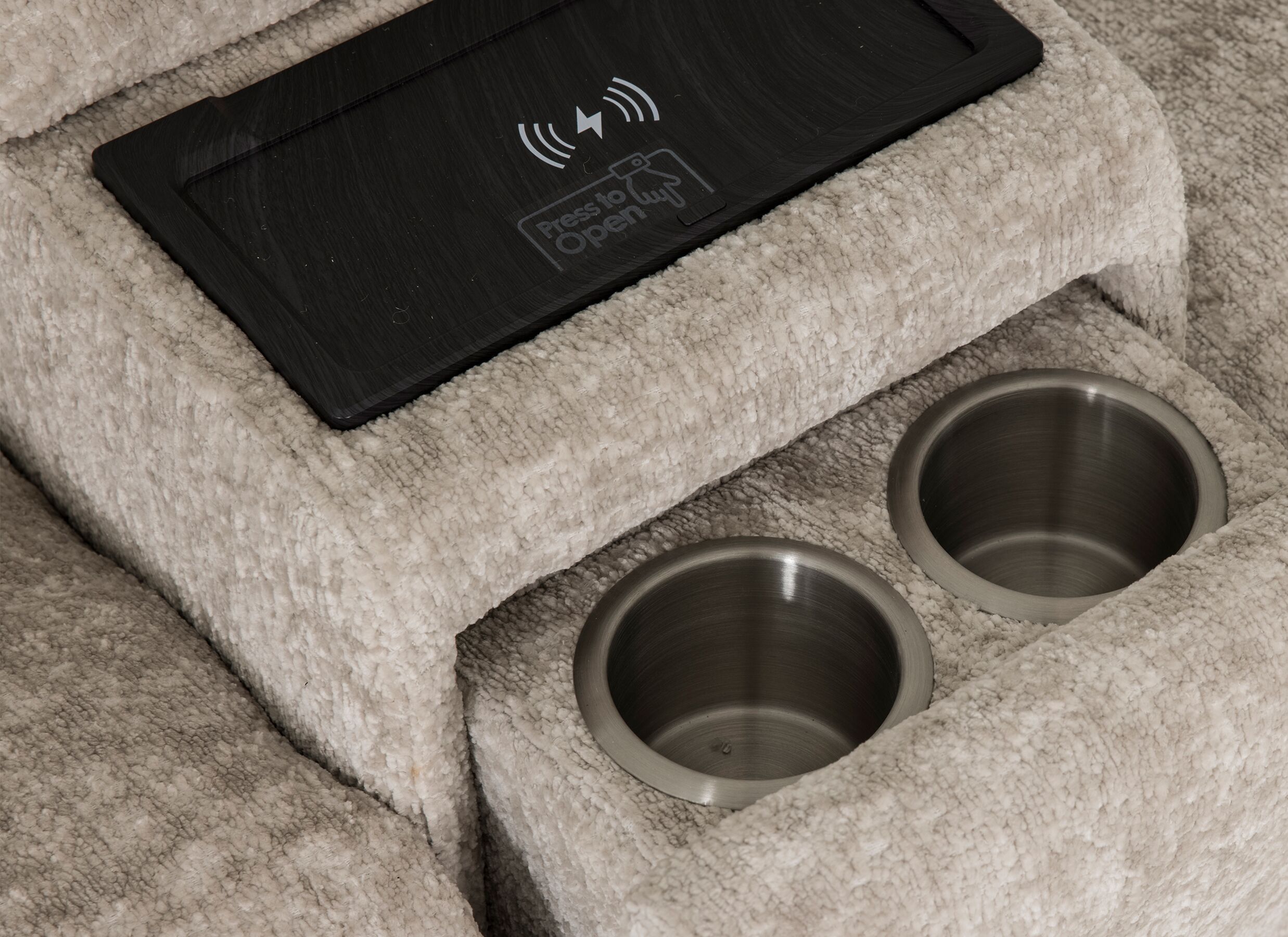 Detail - Canapé d'angle Crow 334x301cm - tissu - turtledove avec 3 fauteuils relax & rangement