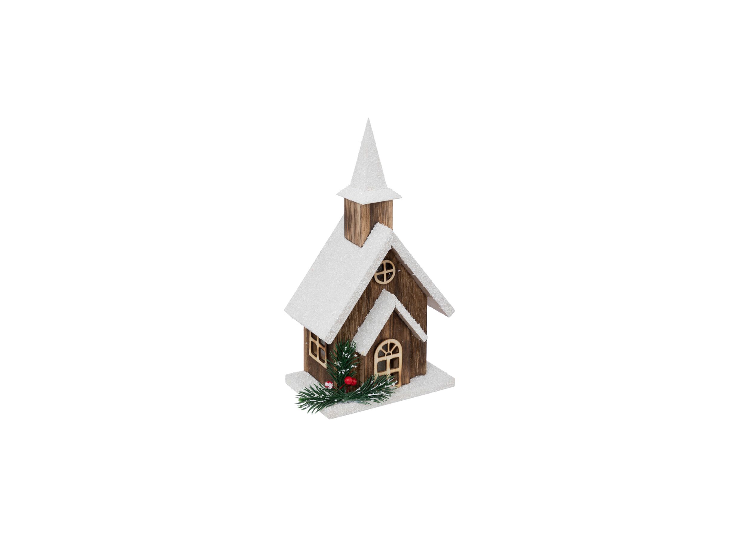 Kerstdecoratie Houten Kerk met LED H27cm - Décoration de Noël Église en Bois avec LED H27cm
