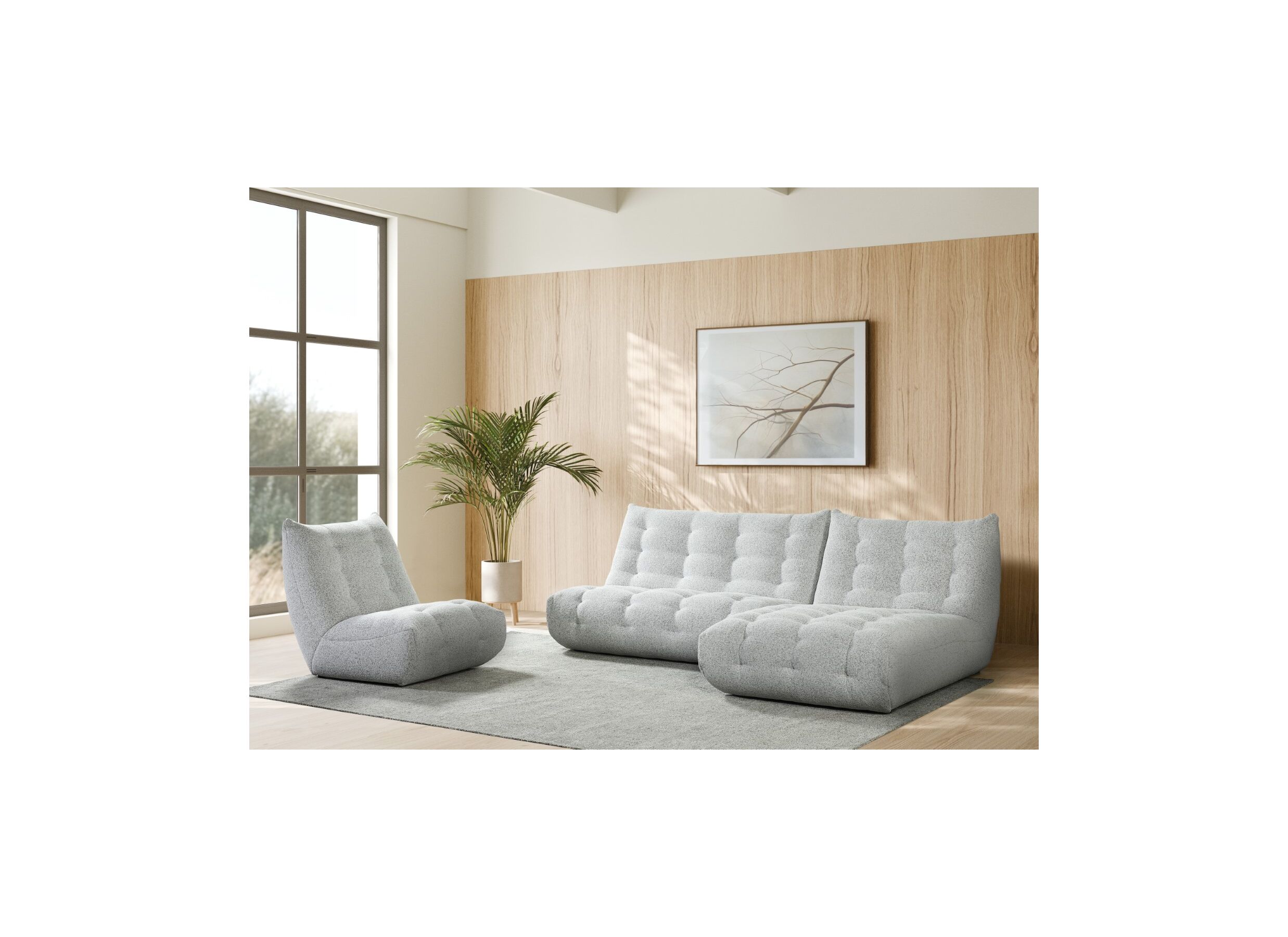 Photo ensemble - Canapé d'angle Schiva 262x173cm - tissu - gris clair