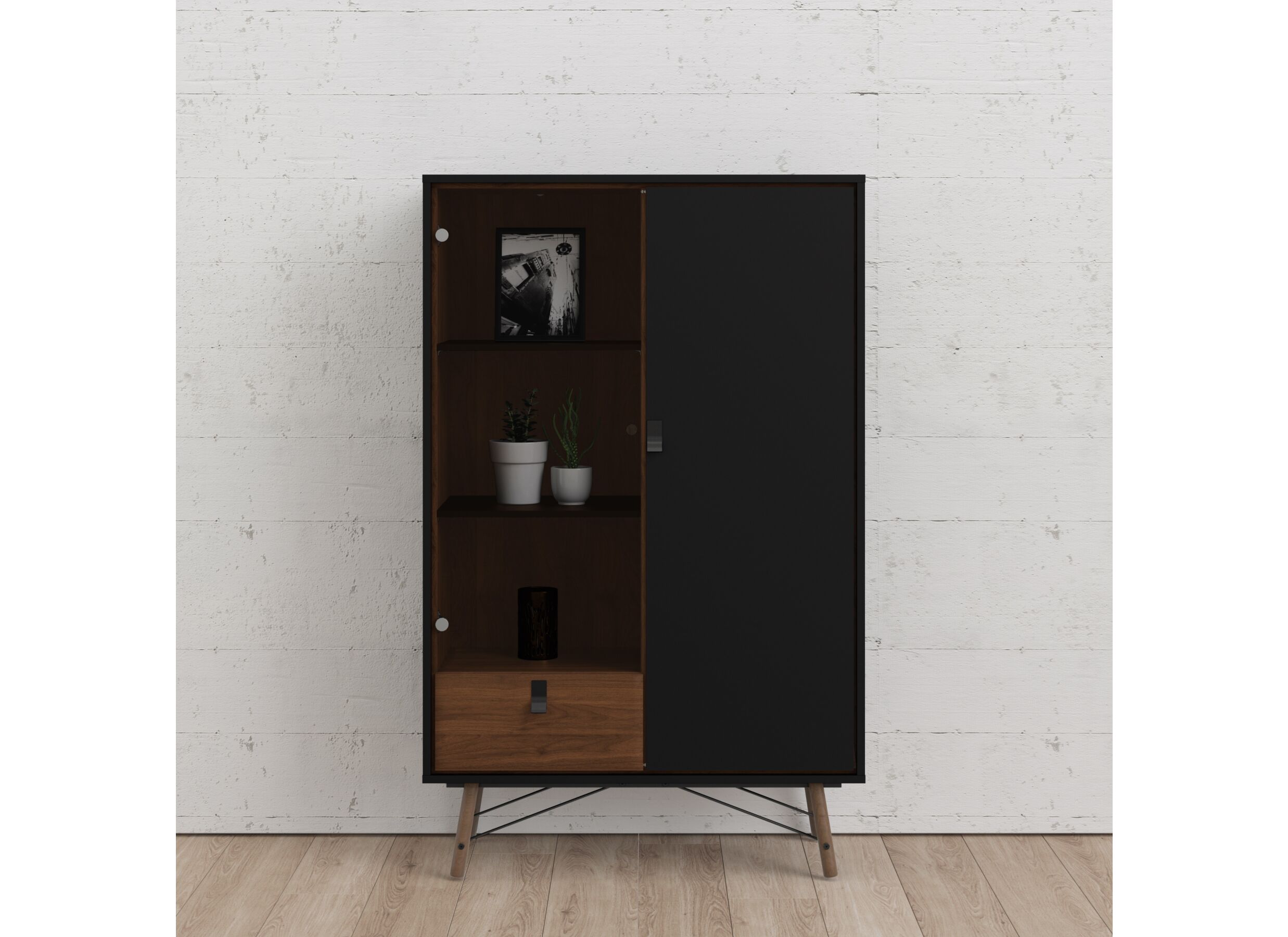 Vitrinekast Ry 102cm - decor - mat zwart/okkernoot