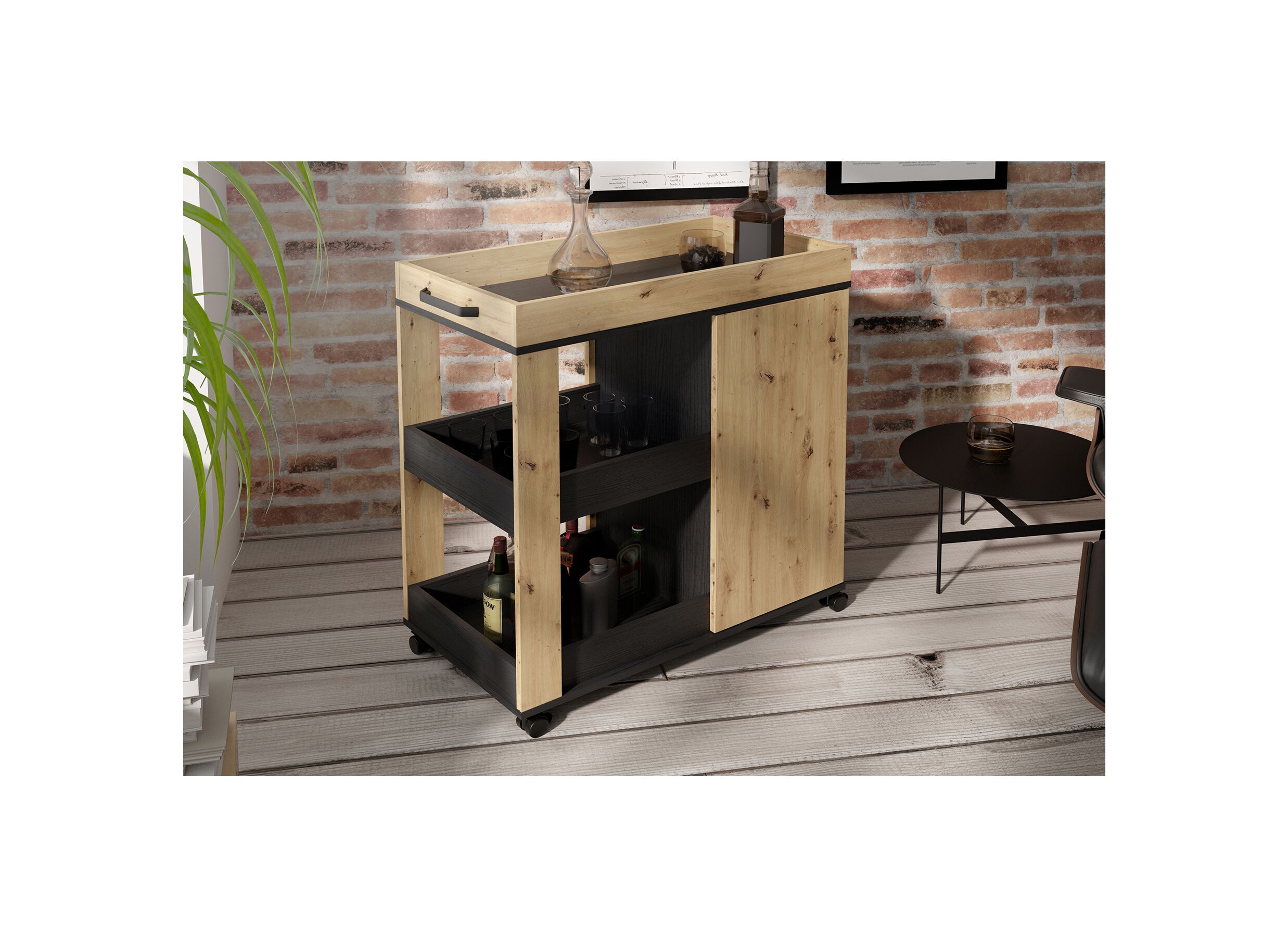 Serveerwagen 78cm - decor - artisanale eik