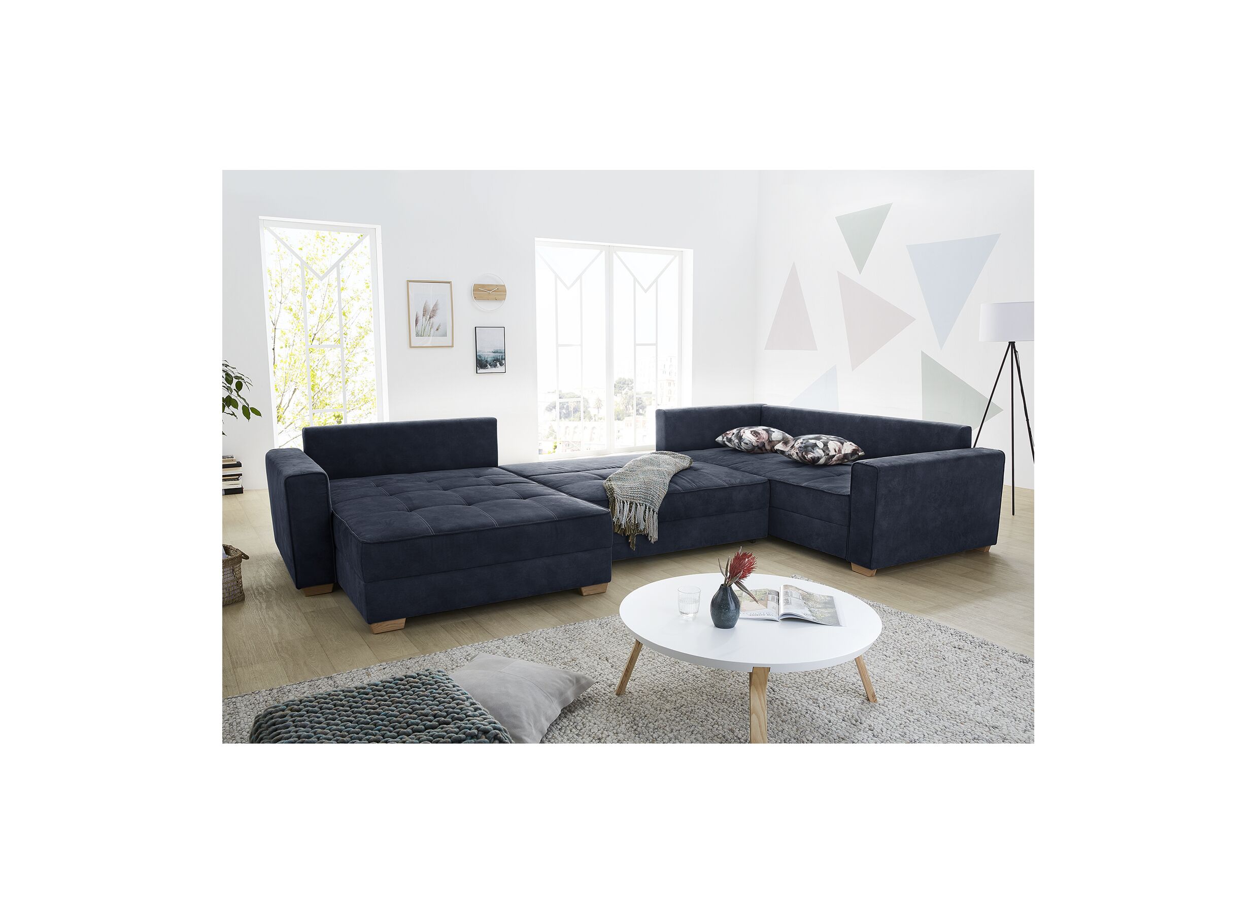 Canapé d'angle Brixen 379x227cm - tissu - bleu avec fonction lit