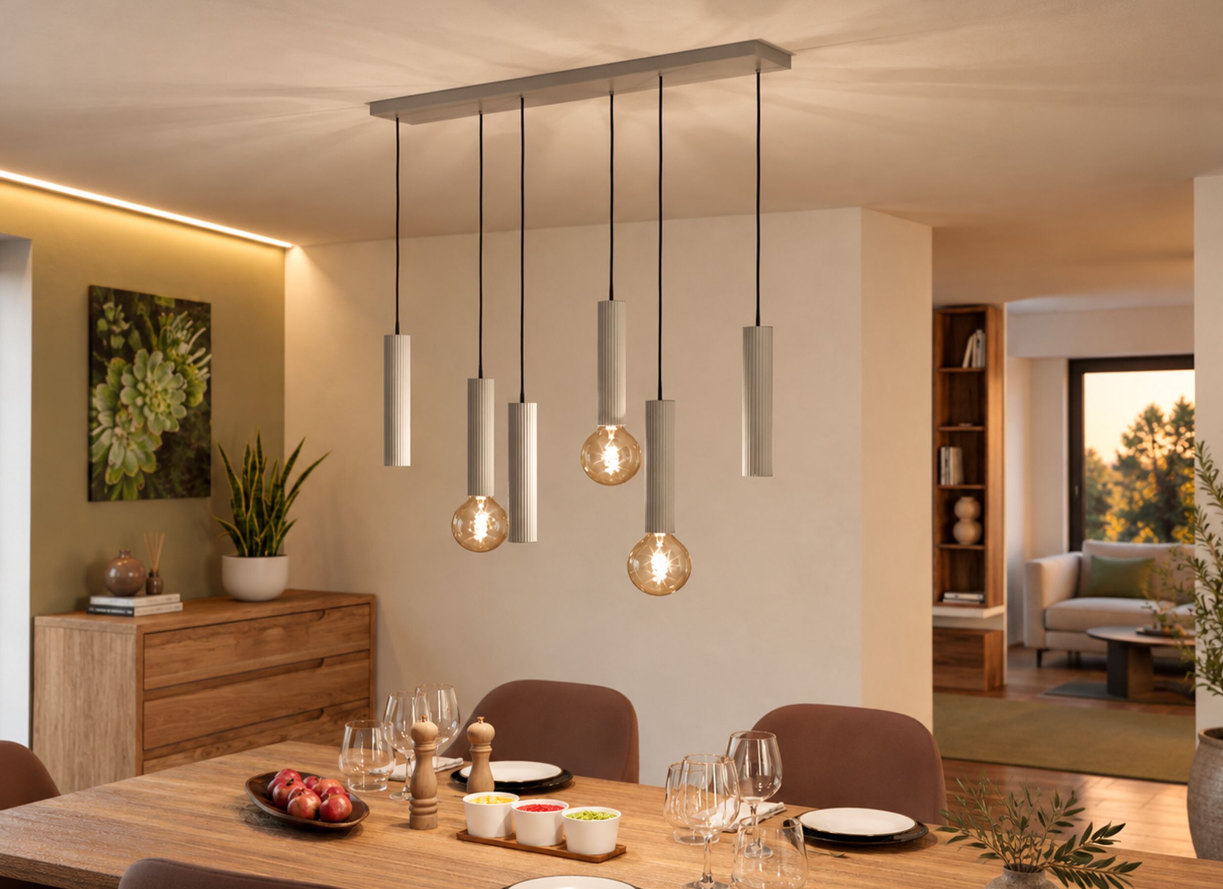 Foto ambiance - Suspension Fariolo 96x14x102cm 3x40W E27 & 3x7W GU10 - acier - sable
