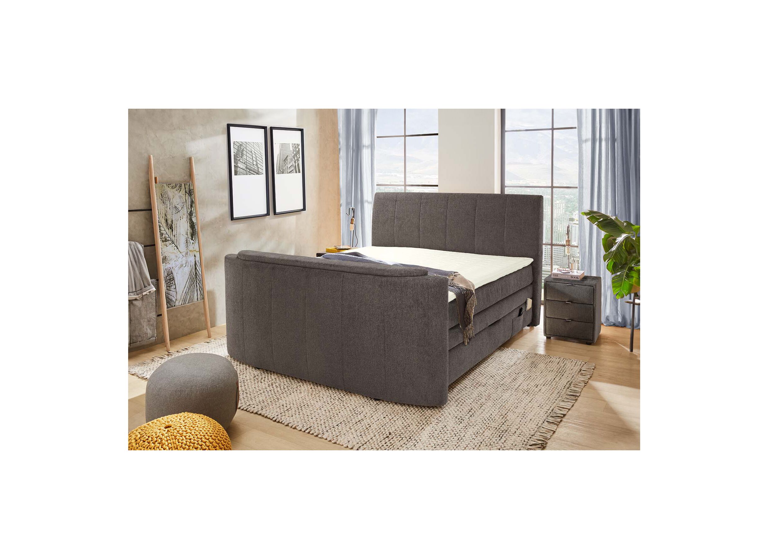 Foto ambiance - Boxspring Belair Normal 180x200cm - tissu - anthracite avec élévateur TV et rangement
