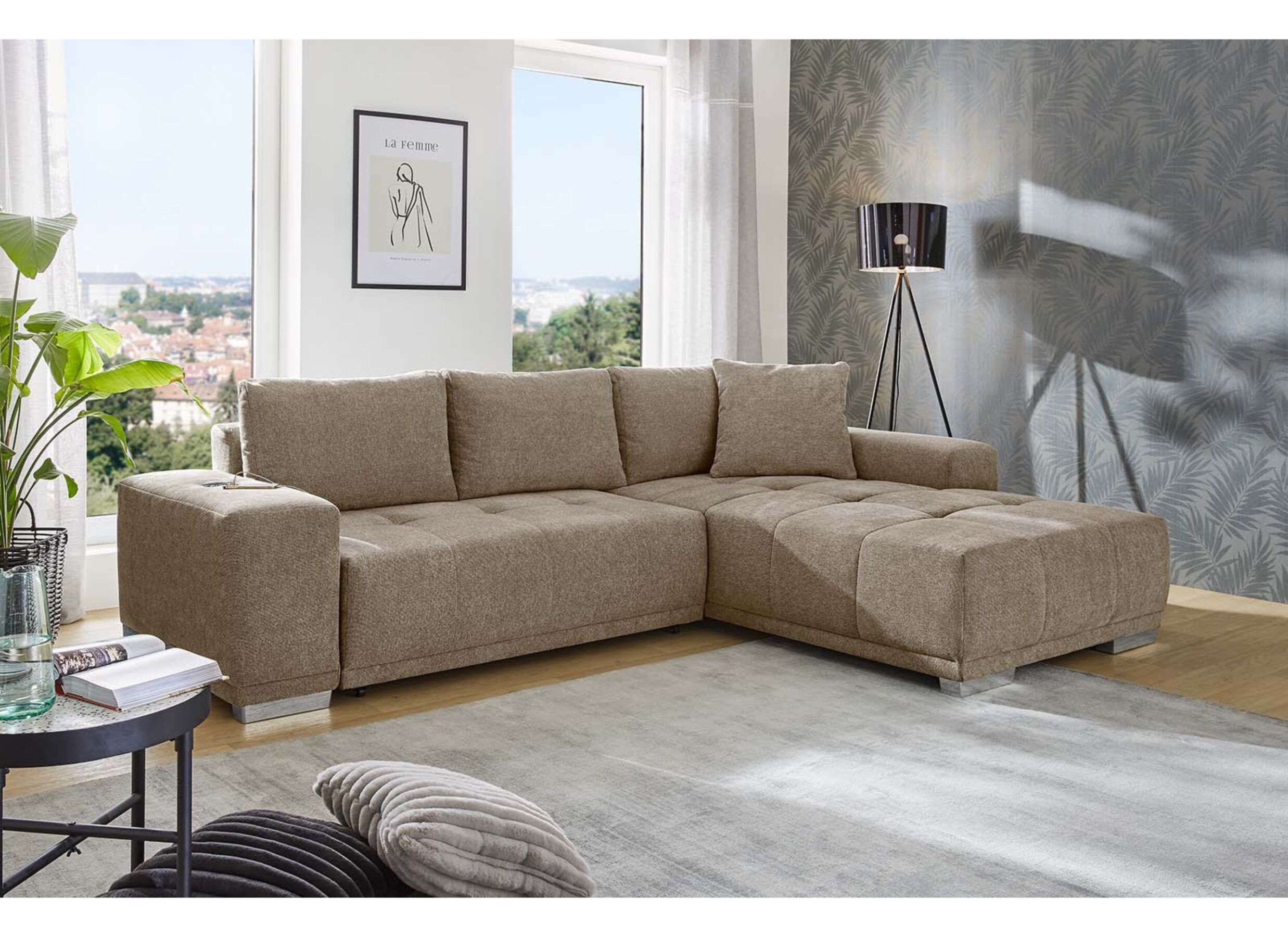 Plus Important - Canapé d'angle Luciano 282x204cm - tissu - brun avec fonction de lit et rangement