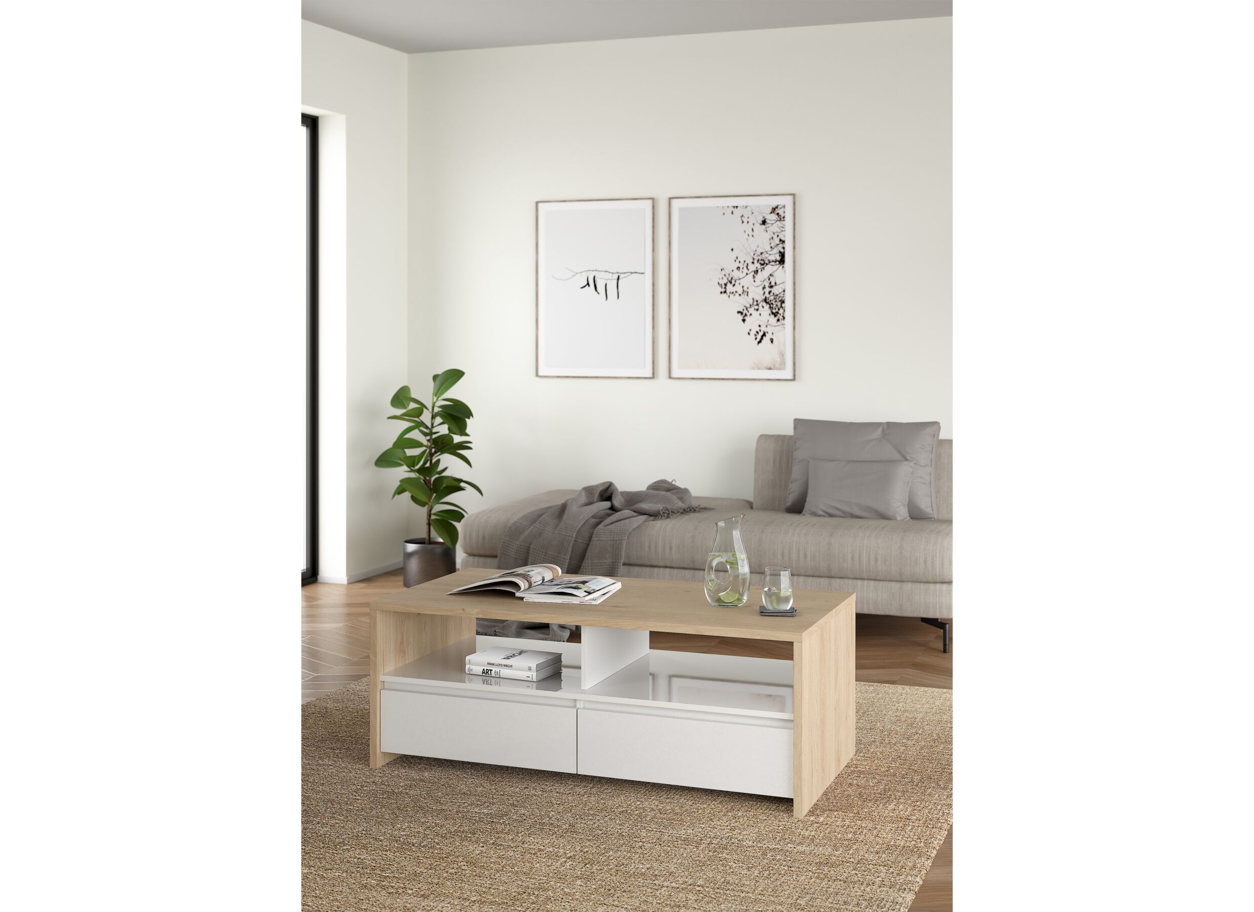 Foto ambiance - Table basse Next 120x60cm - mélamine - blanc brillant & jackson hickory
