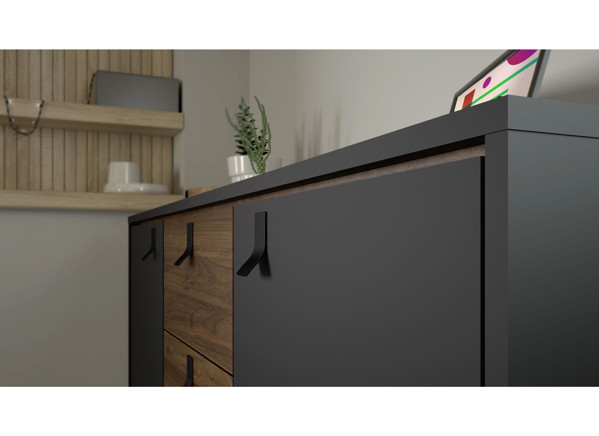 Buffet Ry 151cm - panneau décor - noir mat & noix