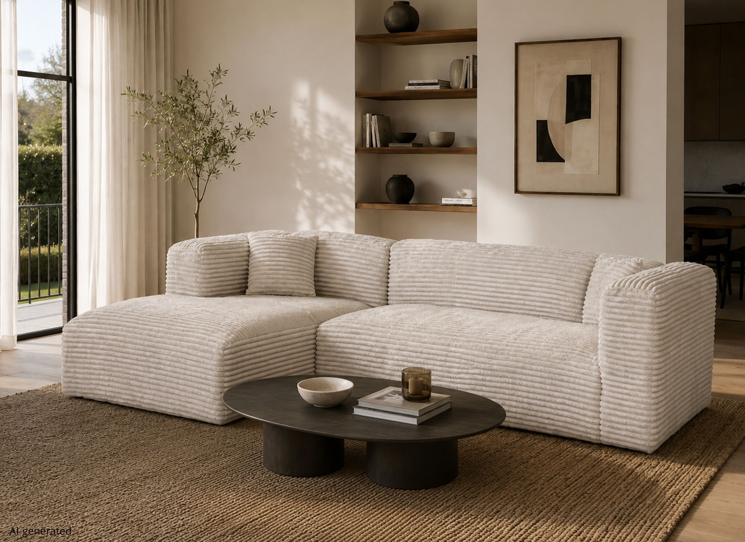 AI Generated - Canapé d'angle Nuoro HB 295x170cm - velours côtelé - blanc