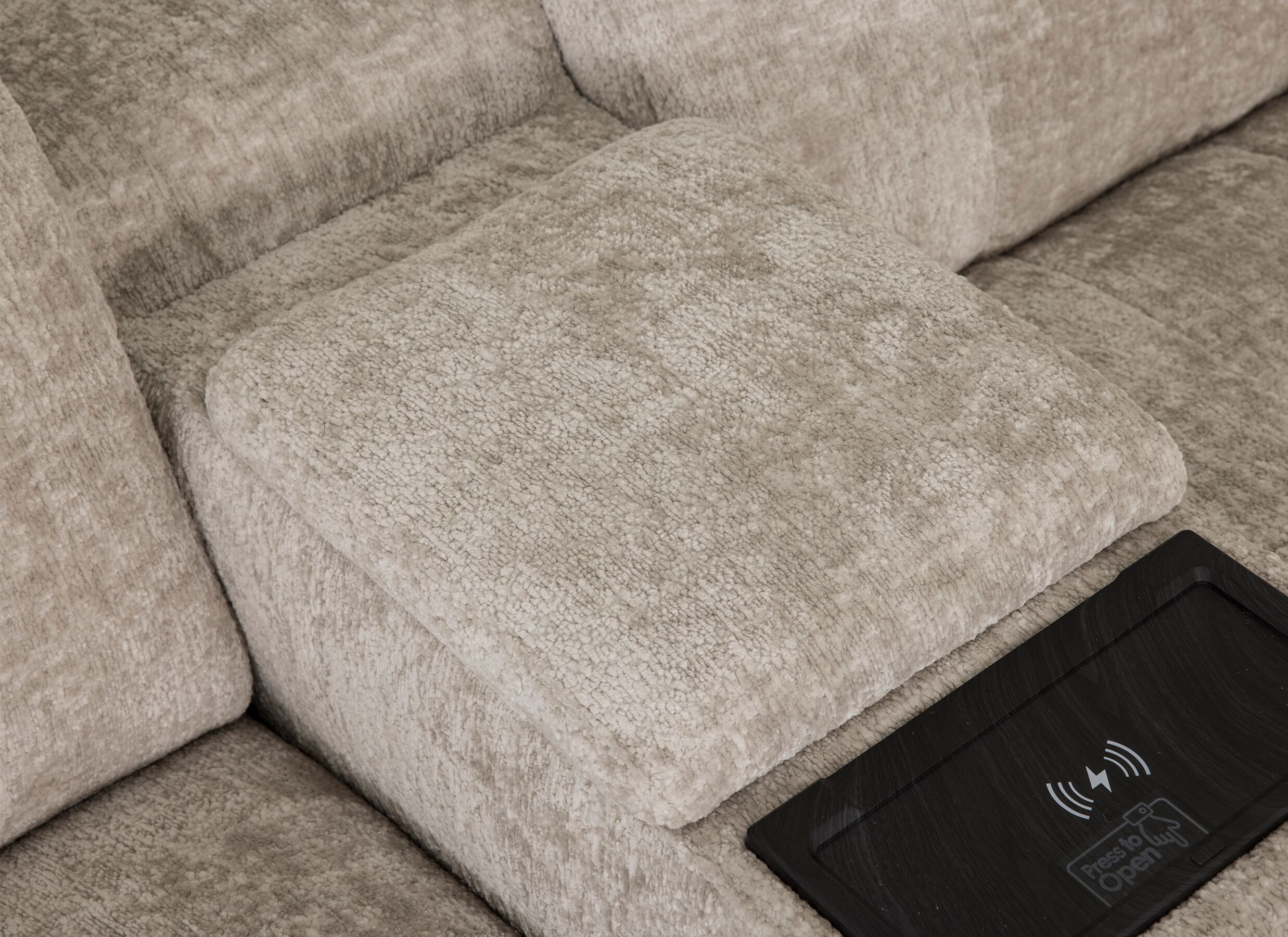 Detail - Canapé d'angle Crow 334x301cm - tissu - turtledove avec 3 fauteuils relax & rangement