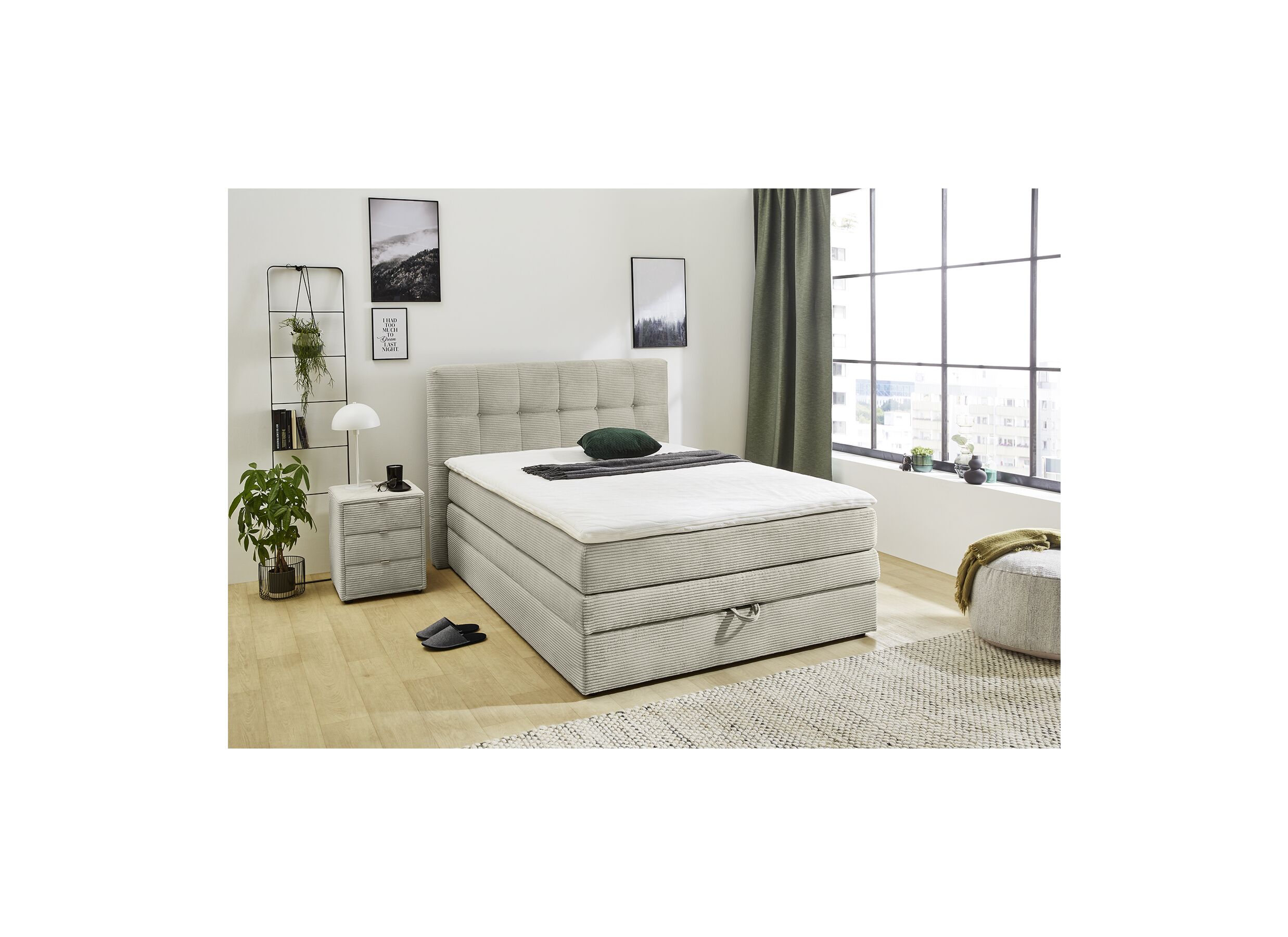 Foto ambiance - Boxspring Amy 140x200cm avec rangement tissu greige