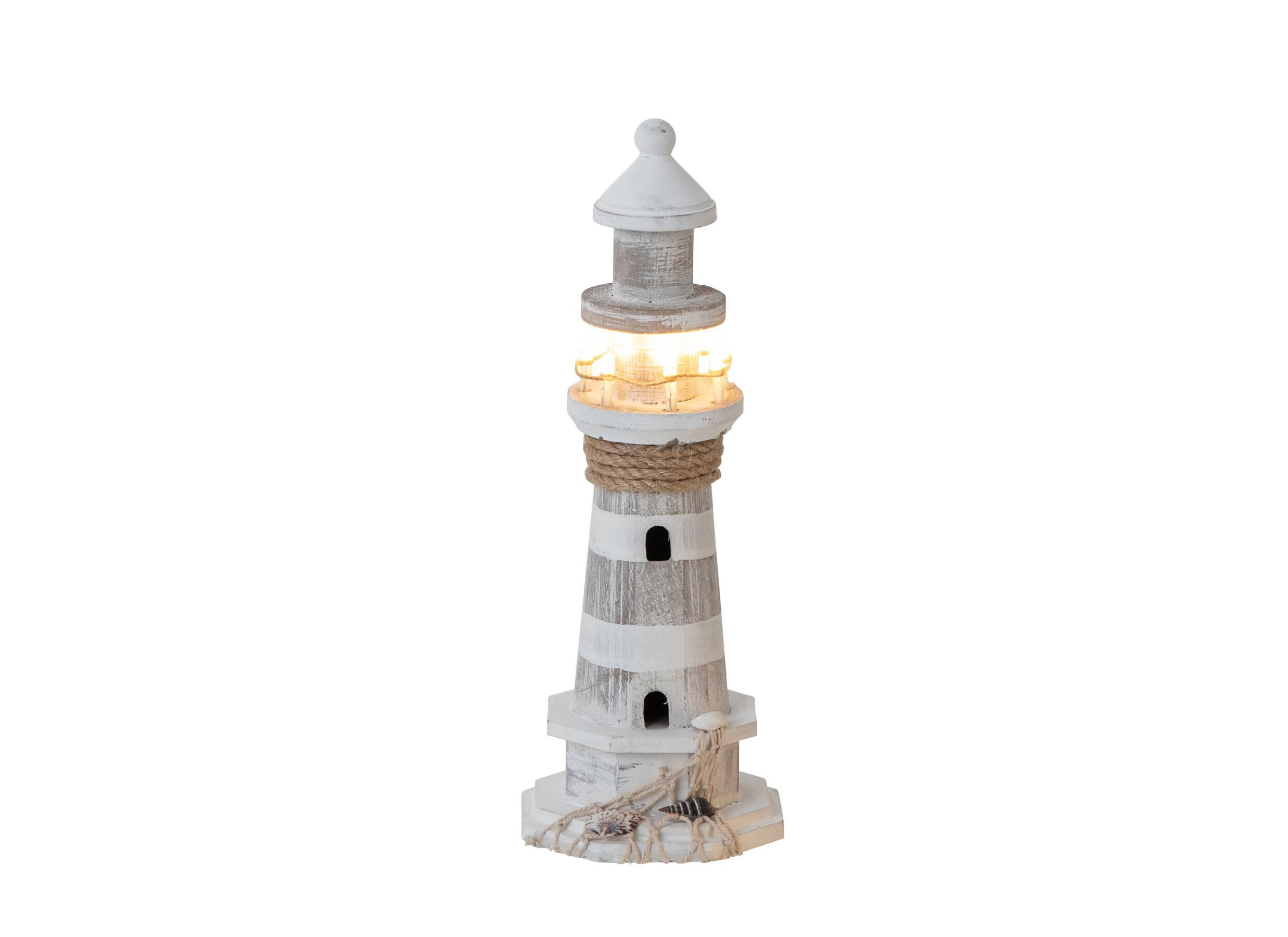 Sfeerfoto - Deco Vuurtoren LED Ø10x28cm - dennenhout - wit & beige