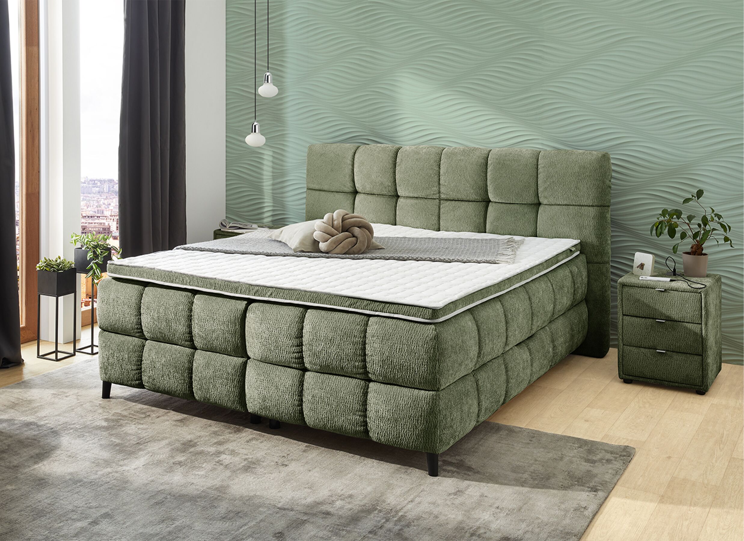 Foto ambiance - Lit box Molly 180x200cm - tissu - vert avec rangement