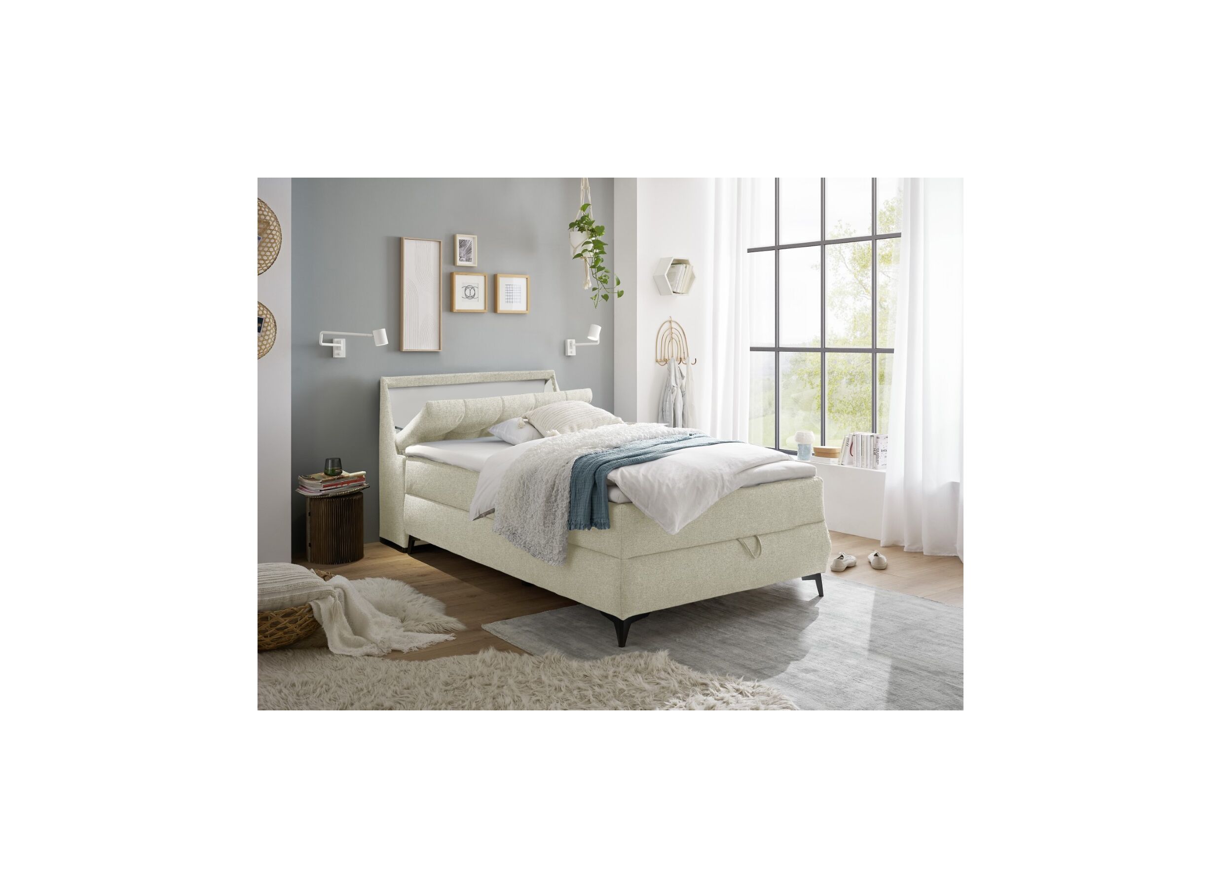 Foto ambiance - Lit box Atlantis 120x200cm avec rangement tissu ivoire