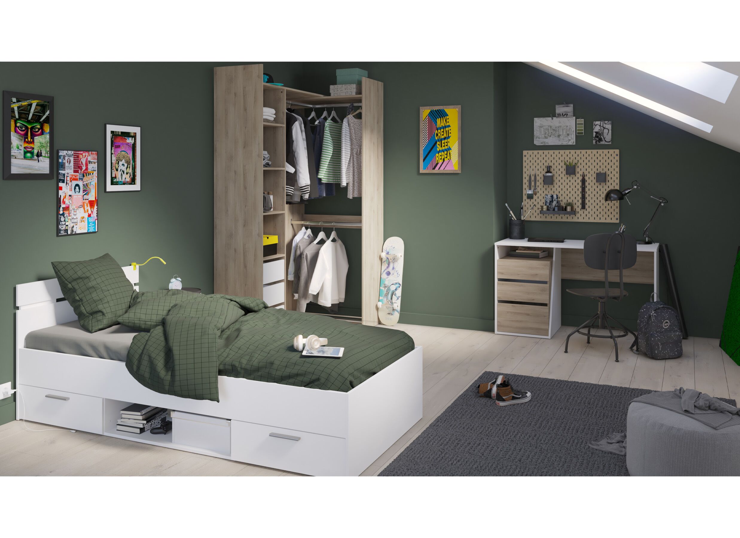 Sfeerfoto - Bed Michigan 90x200cm - decor - wit met opbergruimte