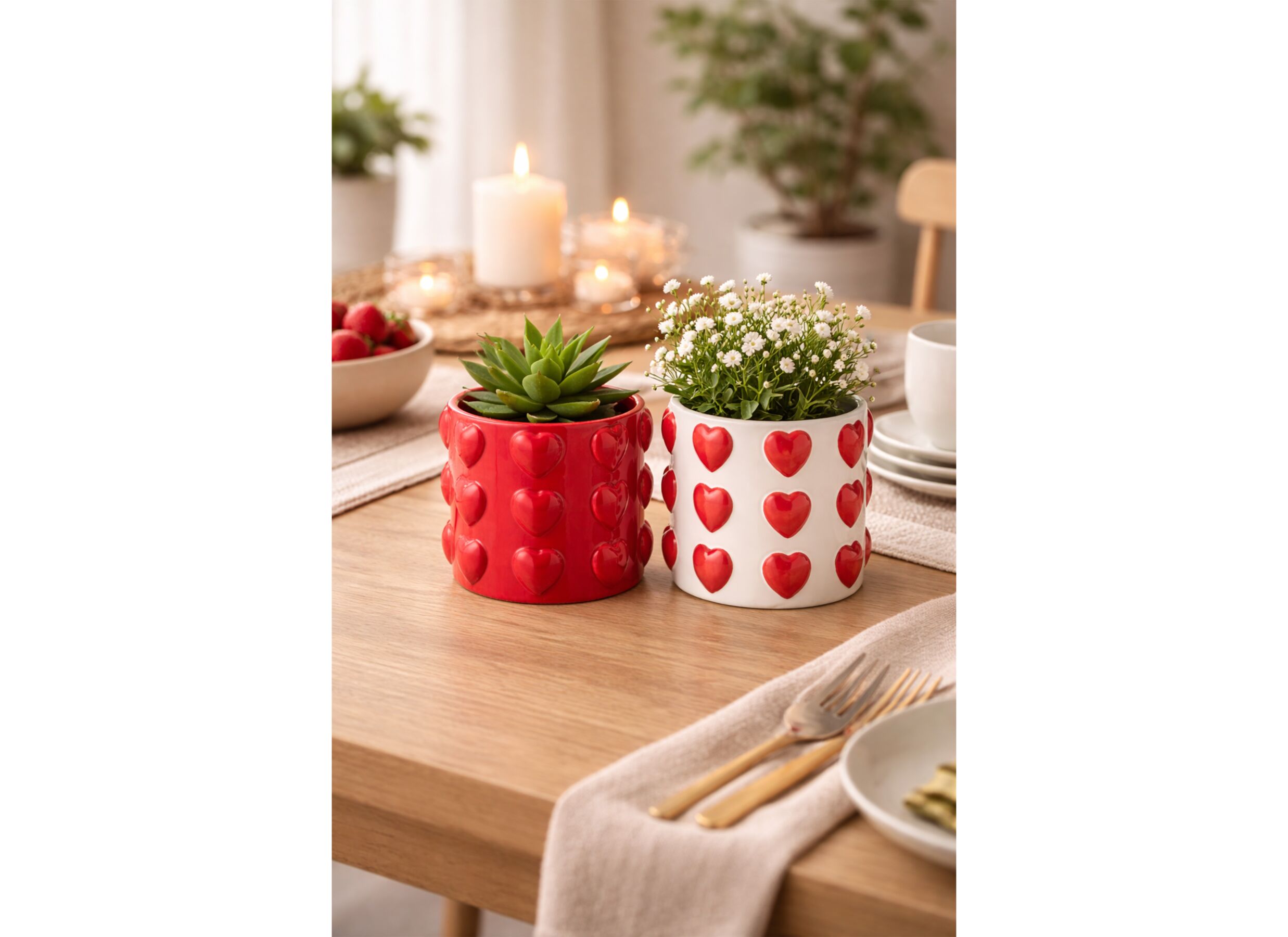 Sfeerfoto - Bloempot Harten H11cm - keramiek - rood & wit