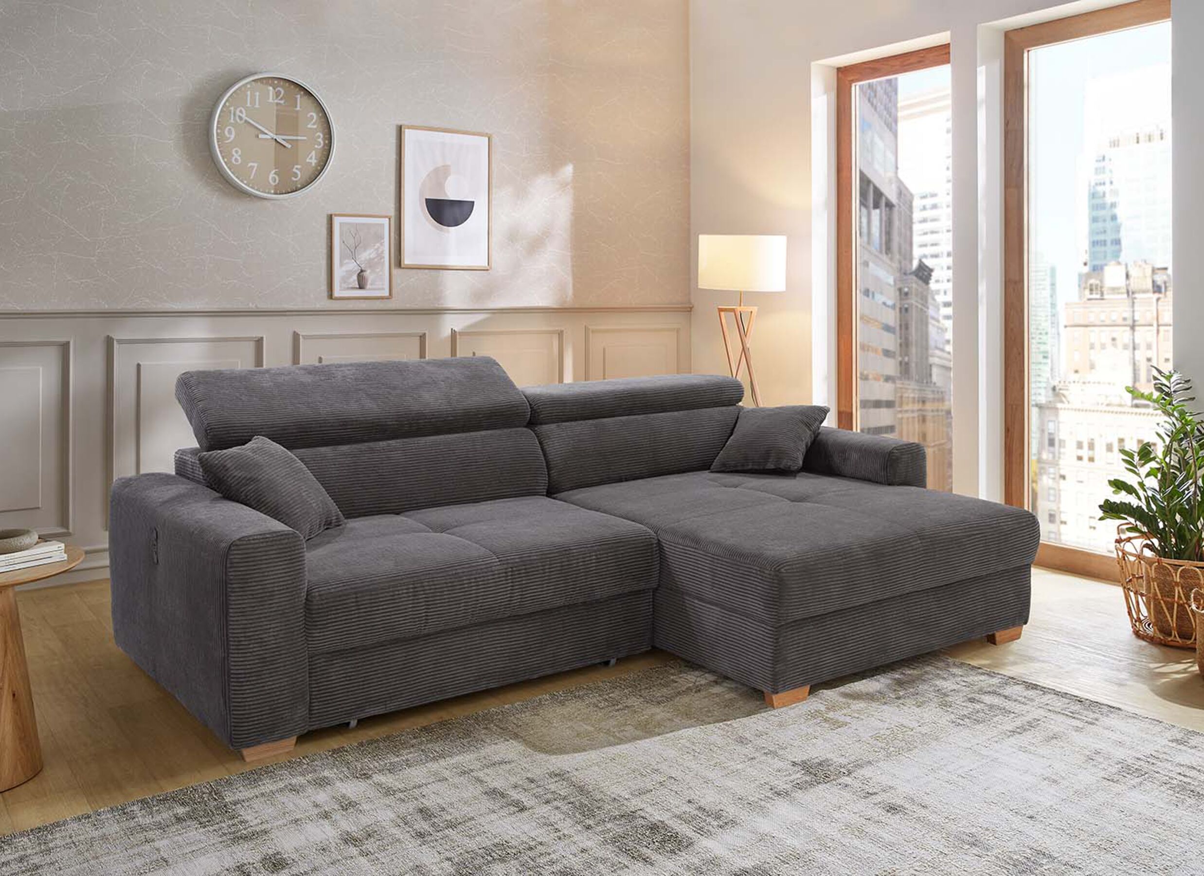 Sfeerfoto - Hoeksalon Slider 279x186cm - ribcord stof - grijs met bedfunctie