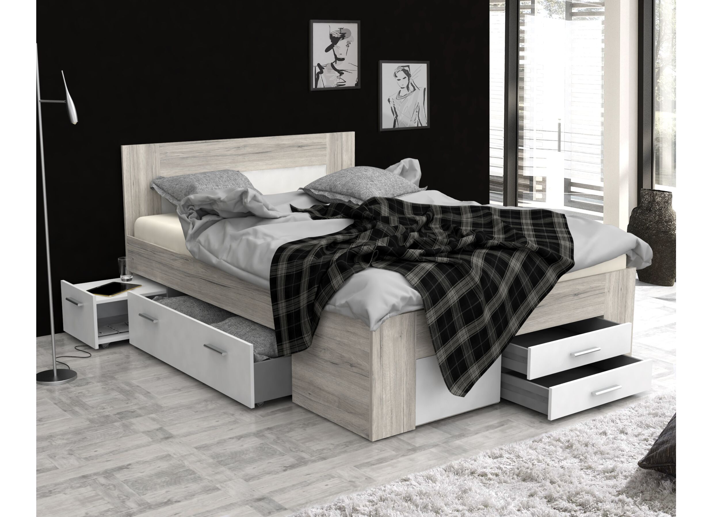 Bed Udine 140x200cm met opbergruimte - meubelplaat - zand eik/wit