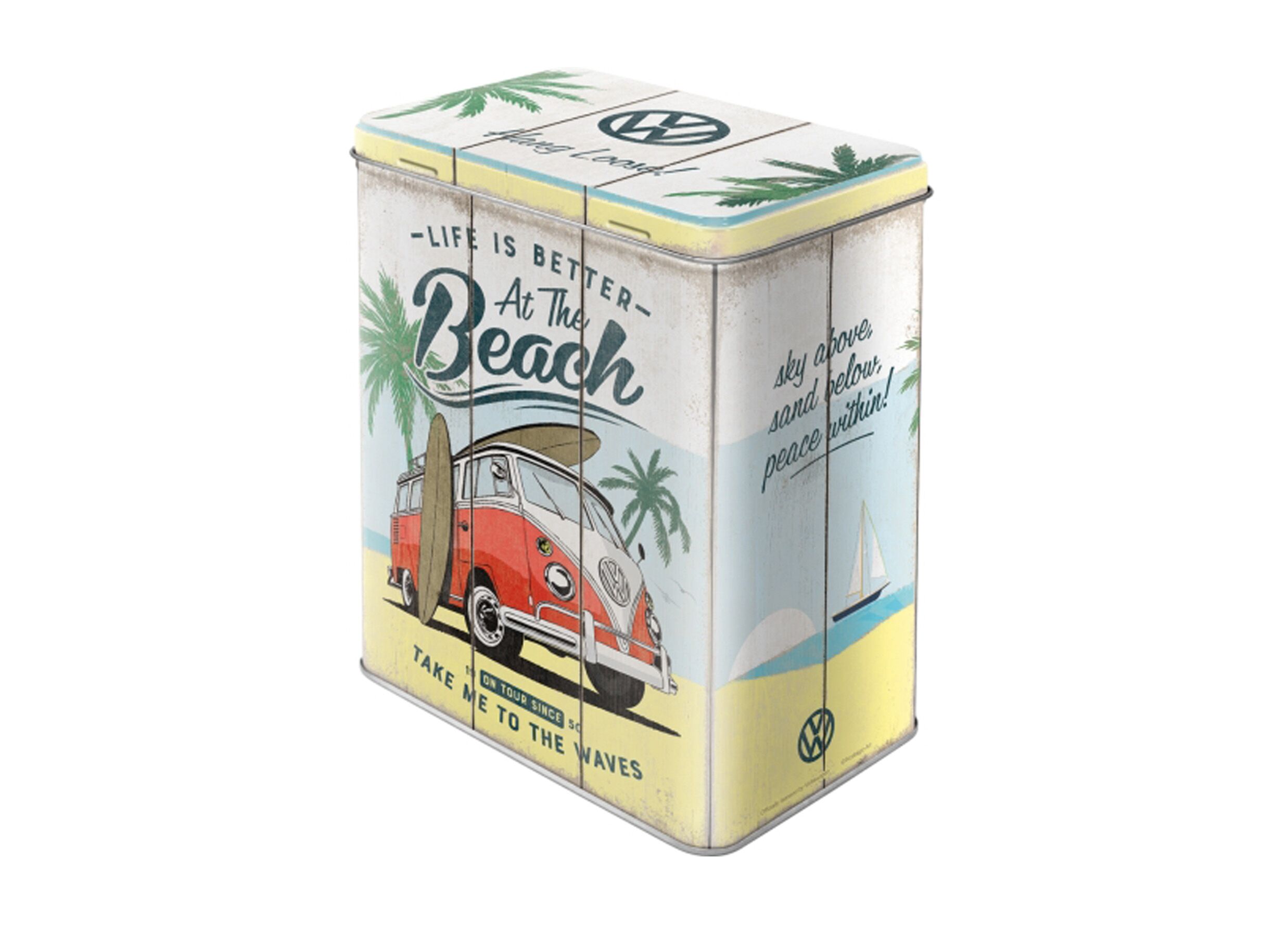 Bewaardoos Volkswagen Bulli Beach 11x14x20cm - metaal - wit & rood - Bewaardoos Volkswagen Bulli Beach 11x14x20cm - metaal - wit & rood