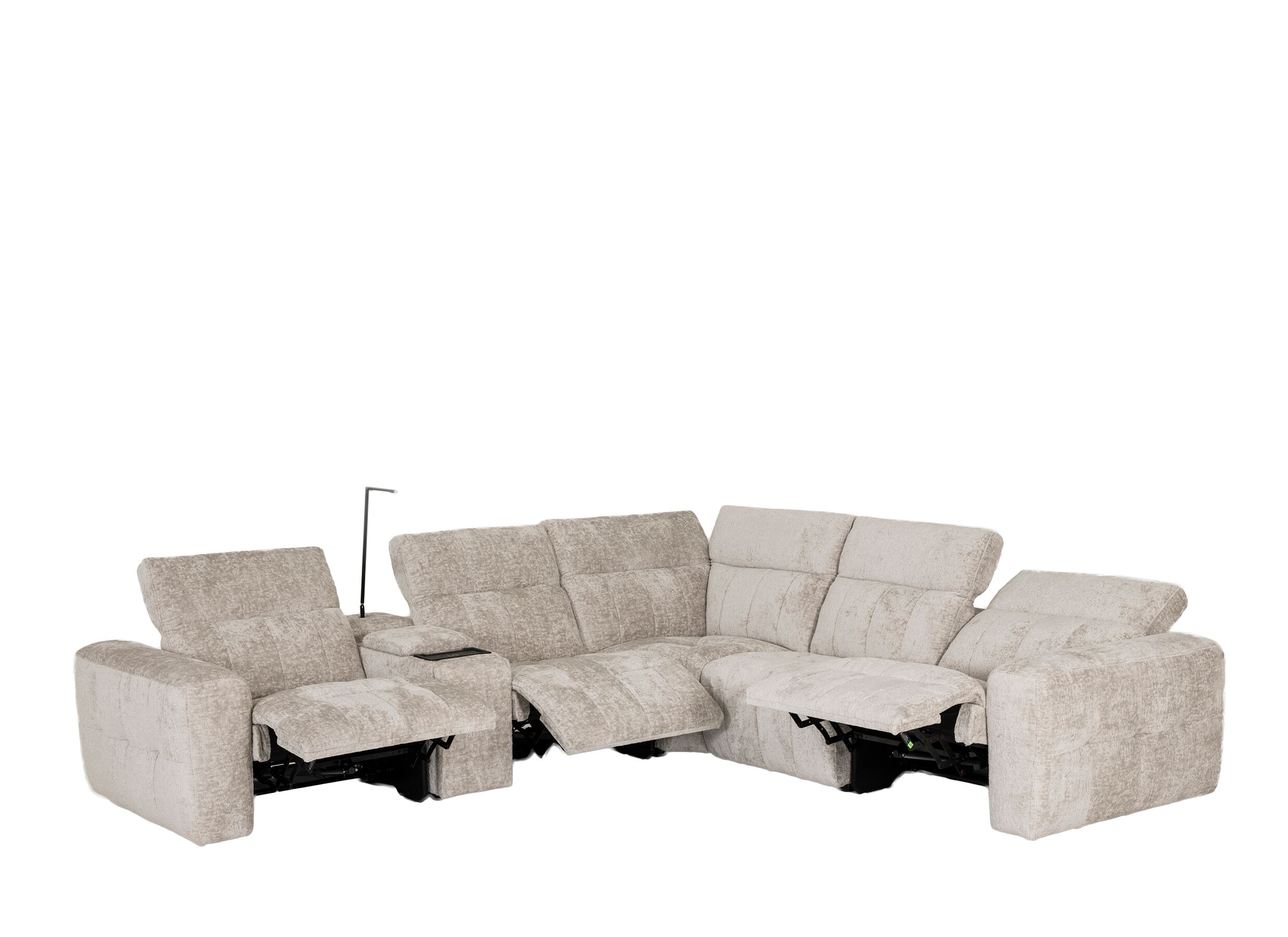 Aperçu - Canapé d'angle Crow 334x301cm - tissu - turtledove avec 3 fauteuils relax & rangement