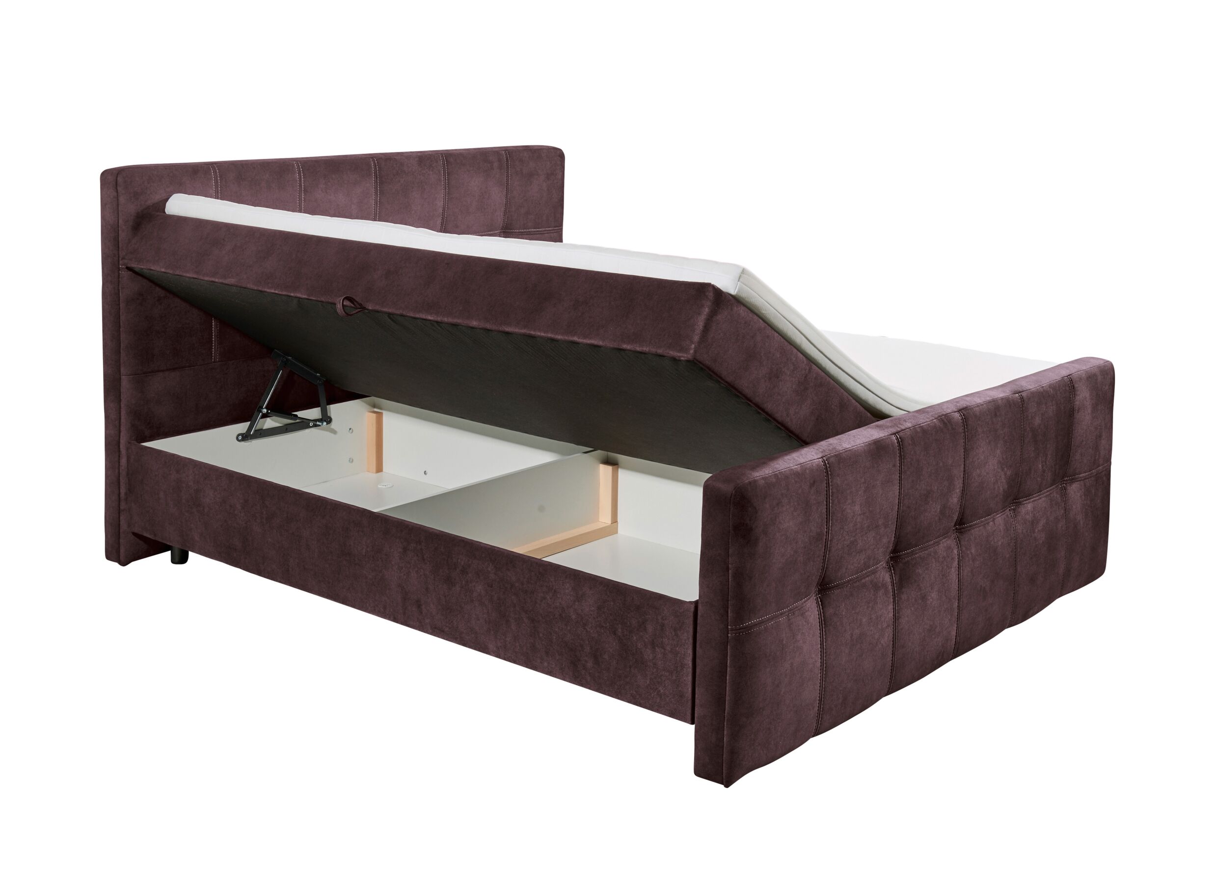 Disposition - Lit box Valetta 180x200cm - tissu - aubergine avec rangement