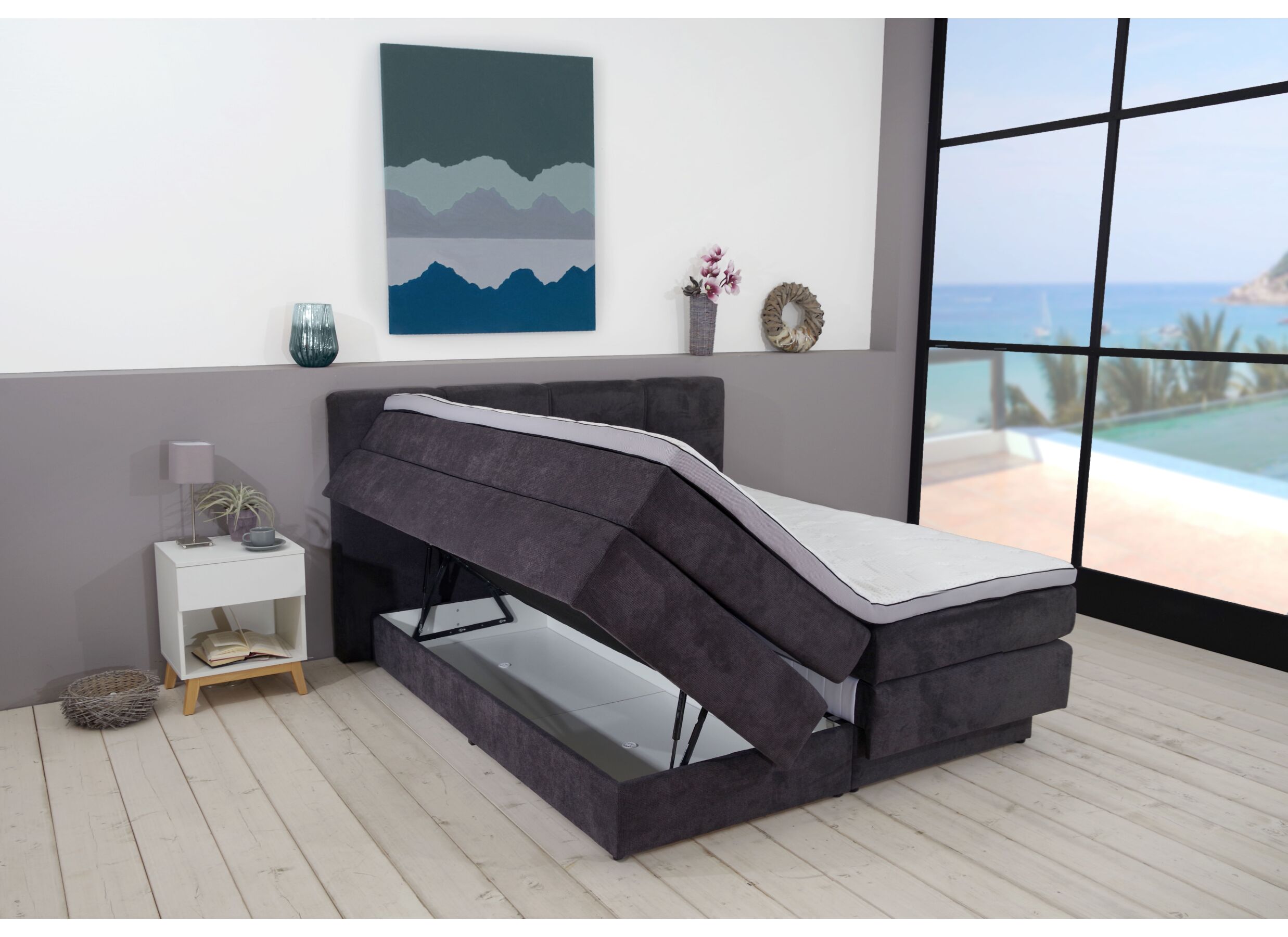 Boxspring BX2110 Portage 180x200cm - tissu - anthracite avec rangement