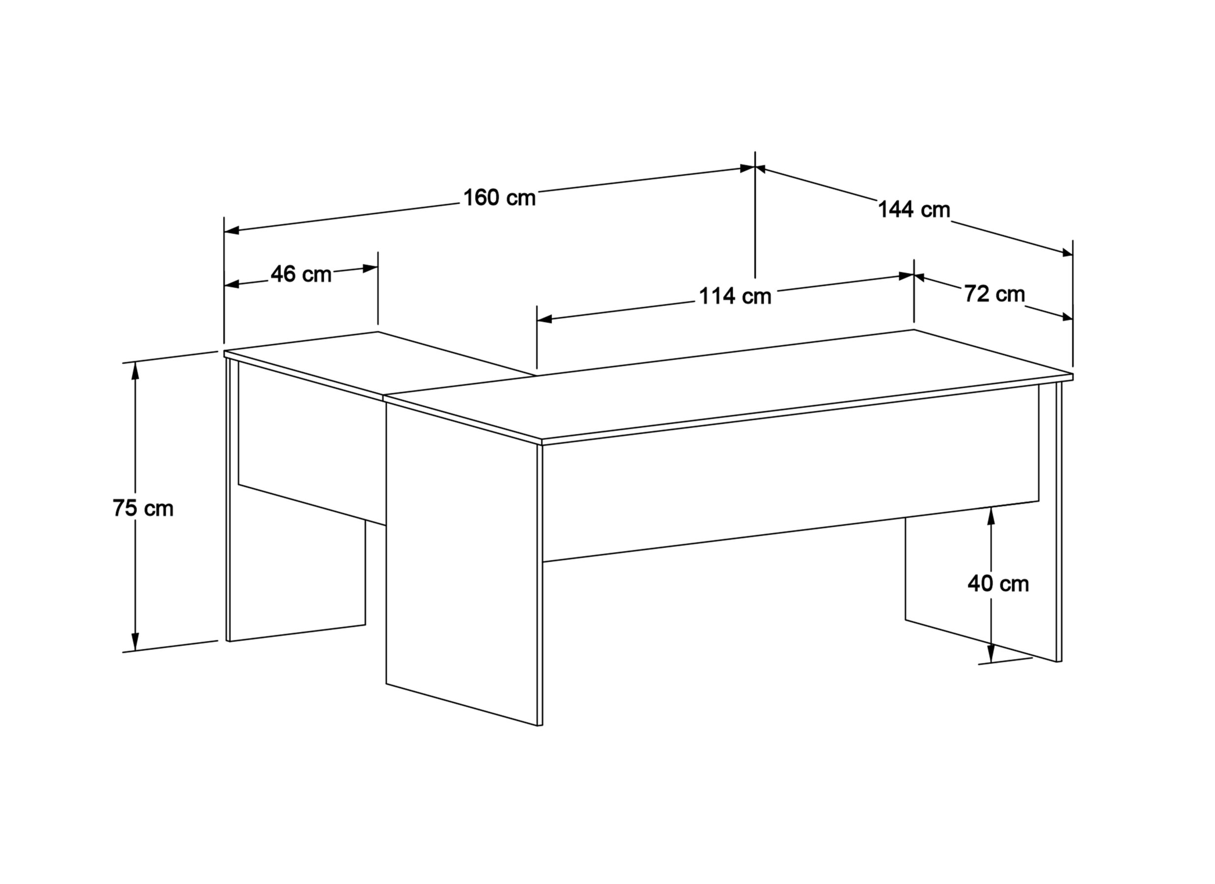 Afmetingen - Hoekbureau Merida 160x144x75cm - melamine - florida