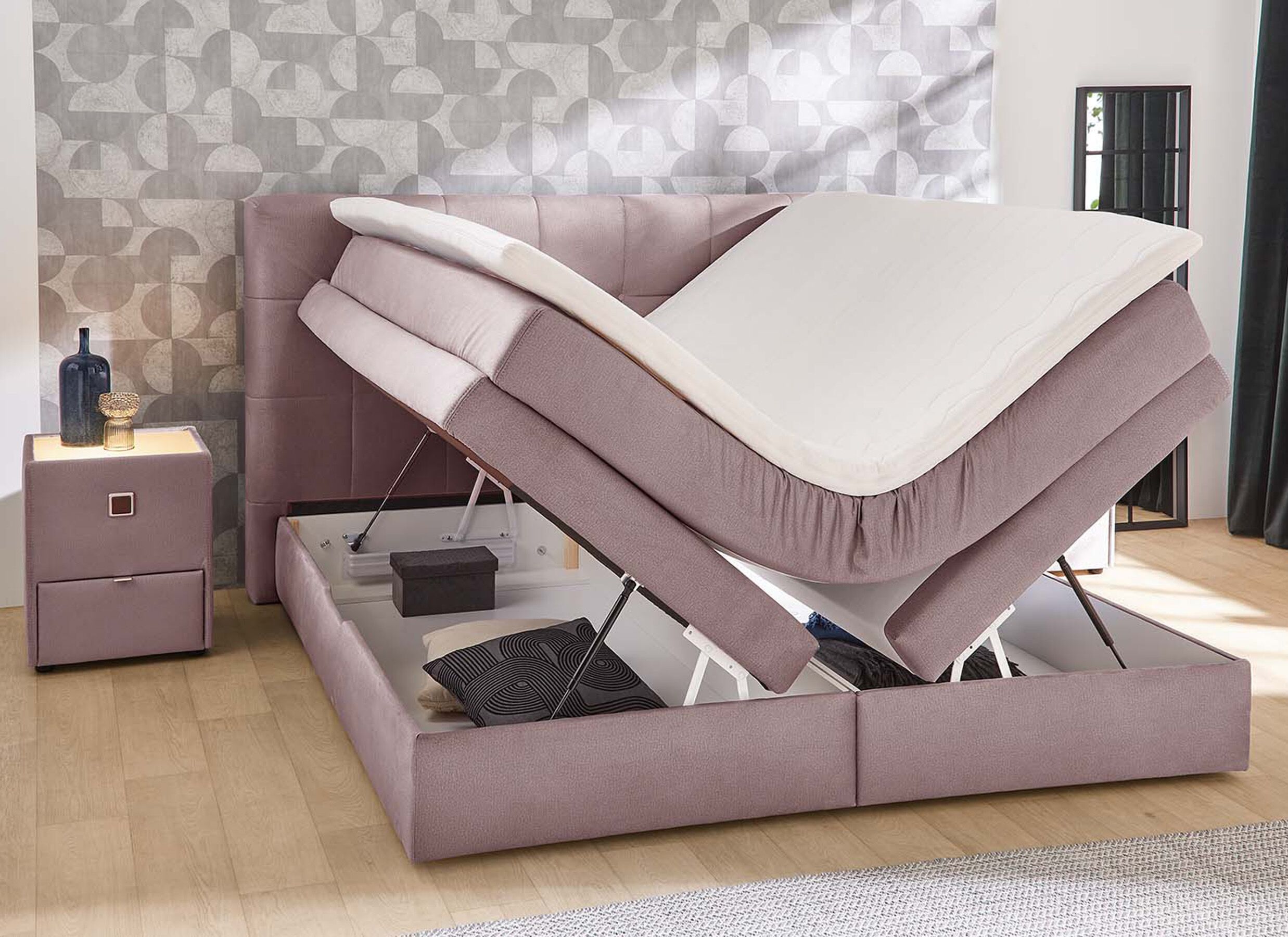 Disposition - Boxspring Amy 180x200cm - tissu - rose avec rangement