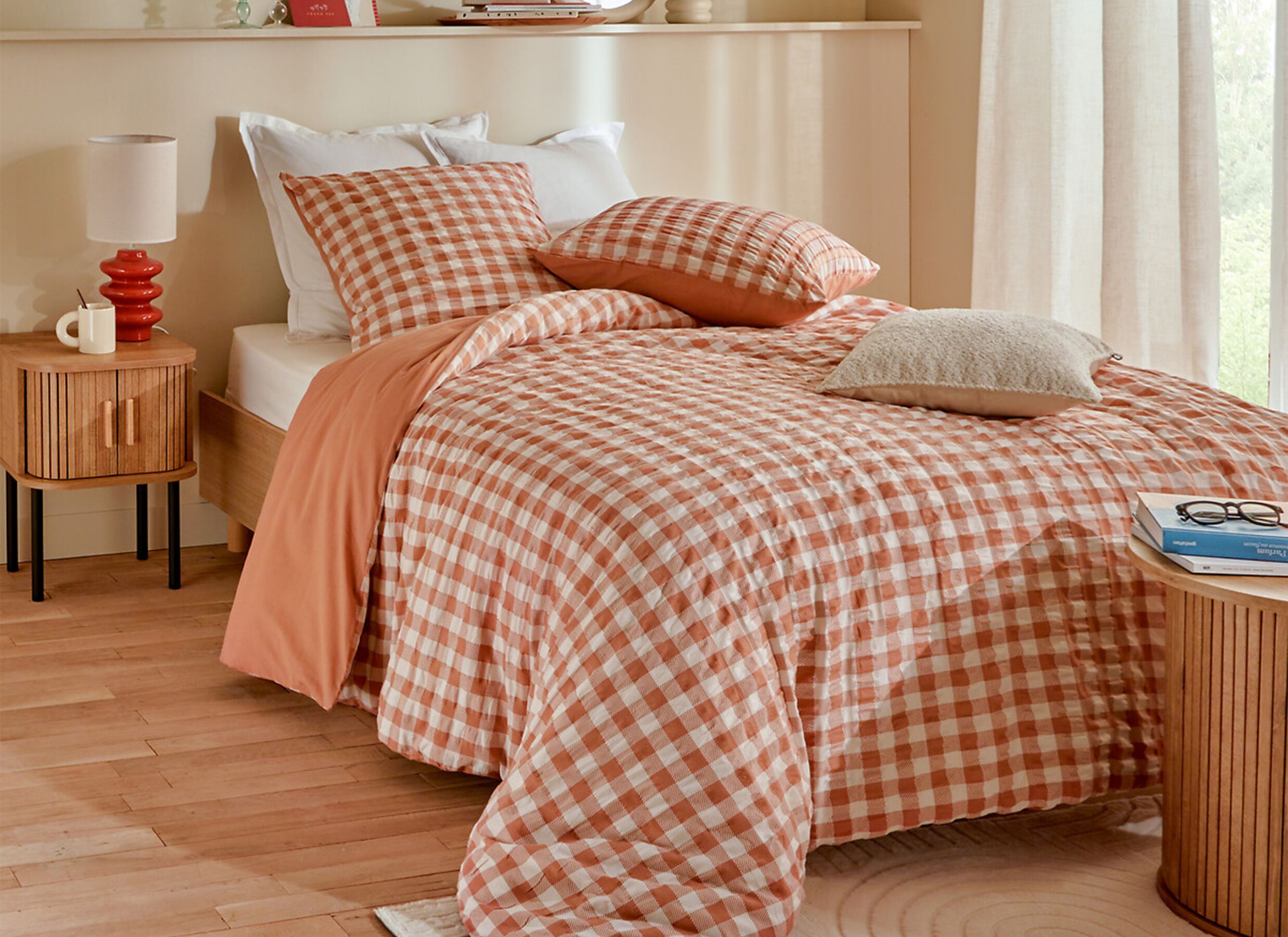 Foto ambiance - Housse de couette Vichy 240x220cm - polyester - terracotta