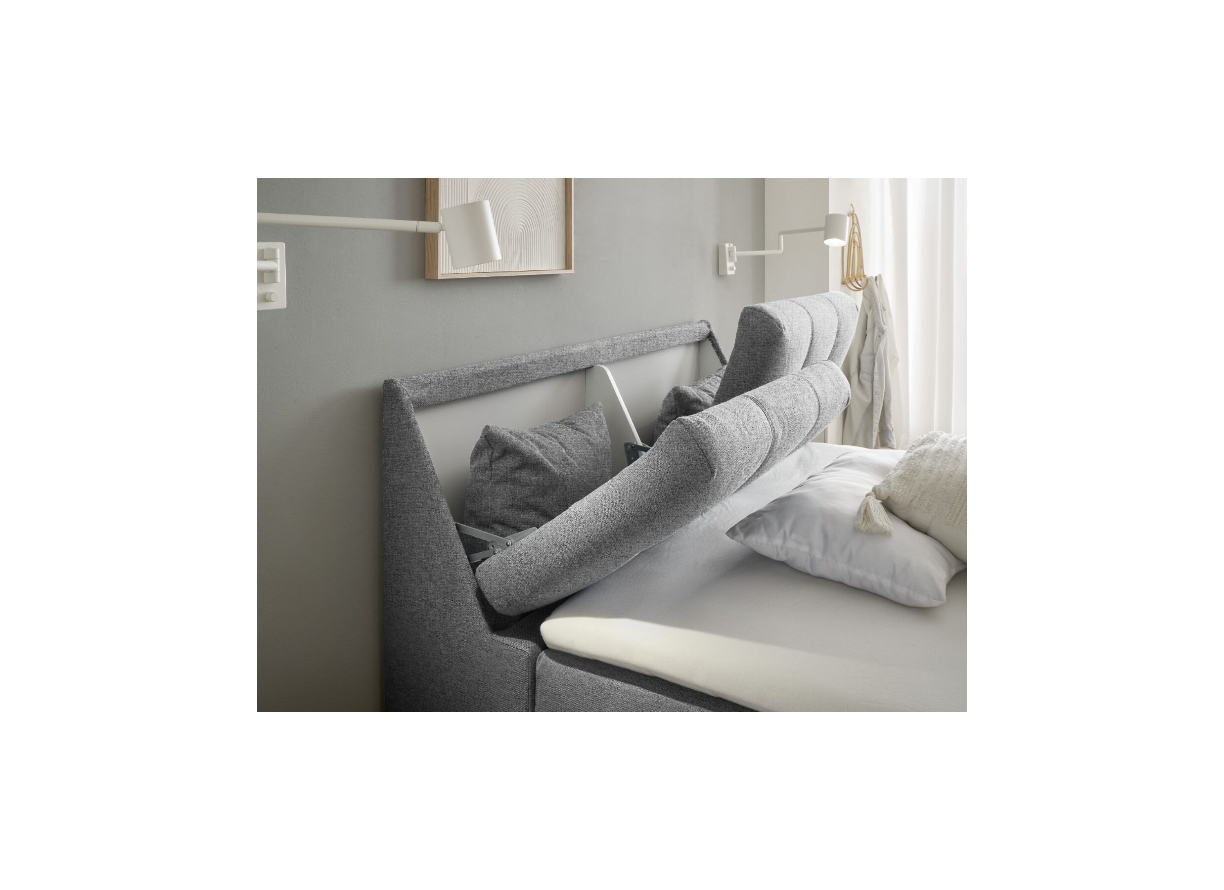 Foto ambiance - Lit box Atlantis 140x200cm avec rangement tissu gris