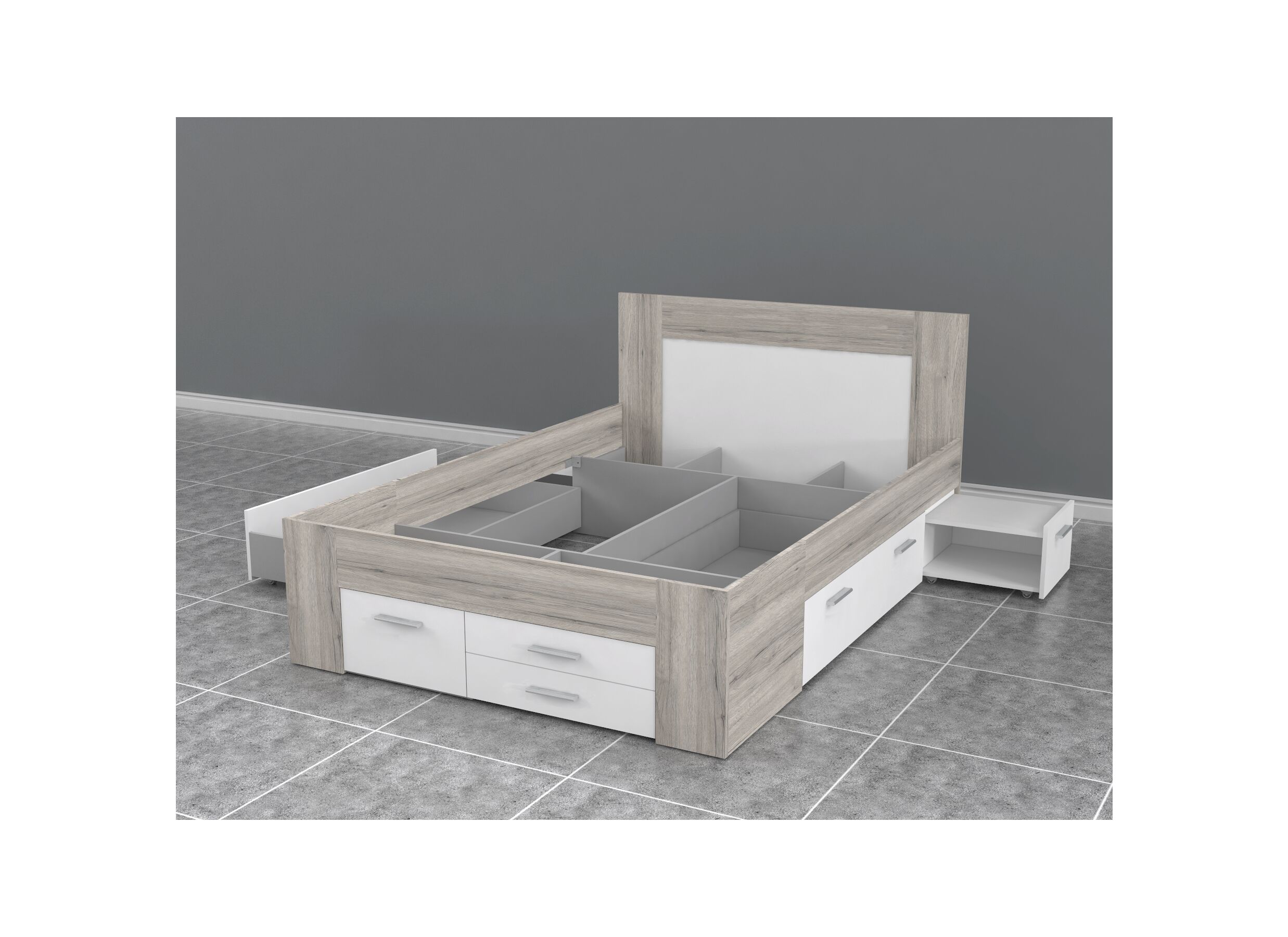 Bed Udine 140x200cm met opbergruimte - meubelplaat - zand eik/wit